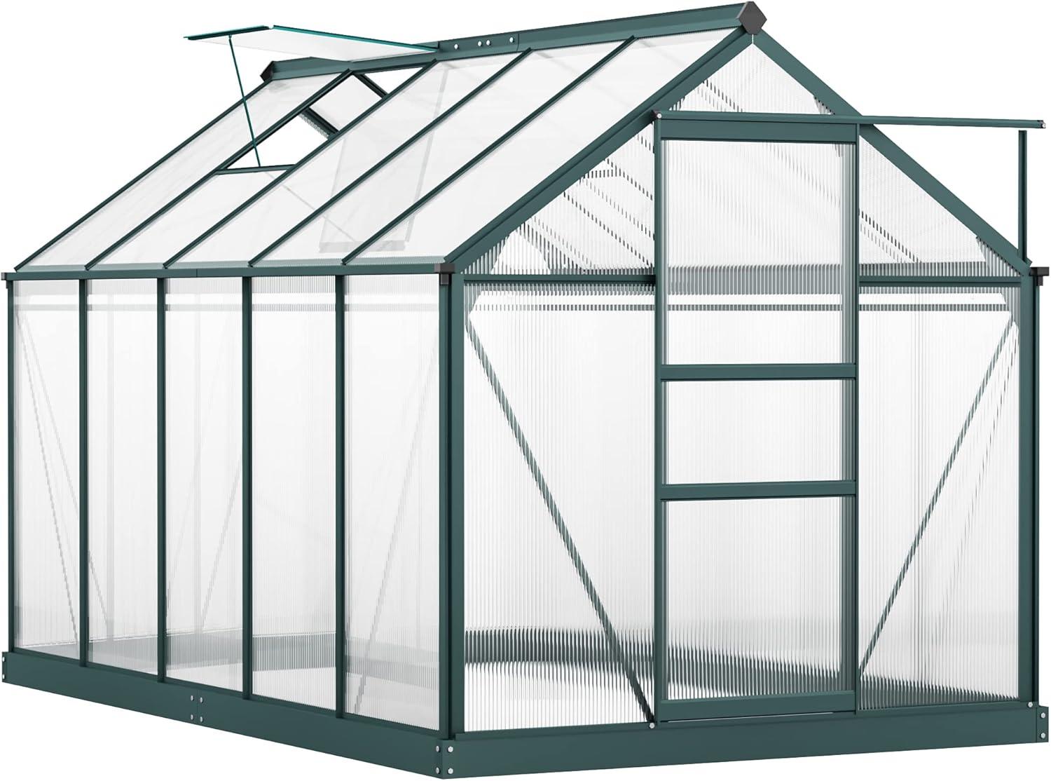 Outsunny Polycarbonate Greenhouse, Heavy Duty Outdoor Aluminum Walk-in Green House Kit with Vent & Door for Backyard Garden