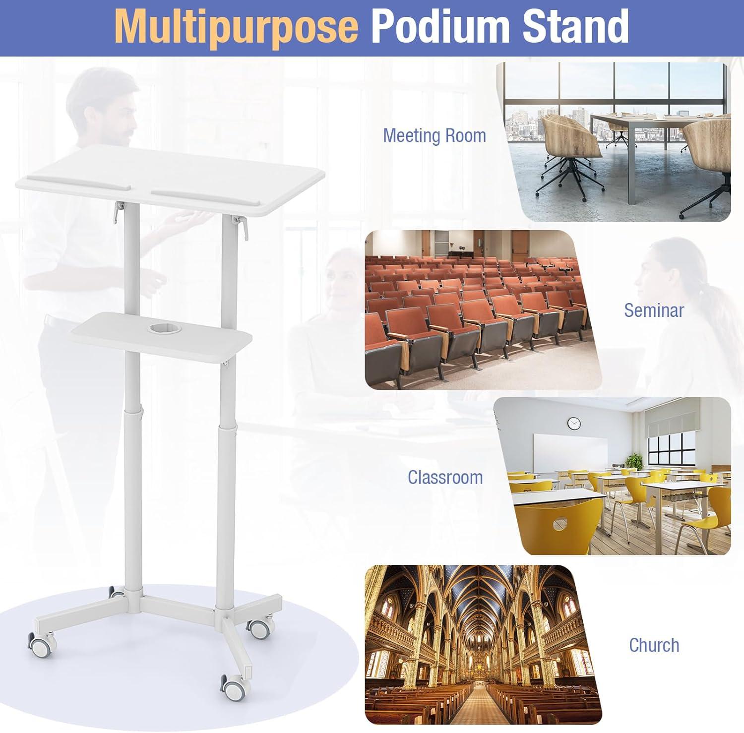 Giantex Mobile Laptop Podium, Height Adjustable Standing Desk with Storage Tray, Tilting Desktop, Home Office Classroom Pulpit Stand Up Desk, Rolling Laptop Cart Lecterns & Podiums for Church, White