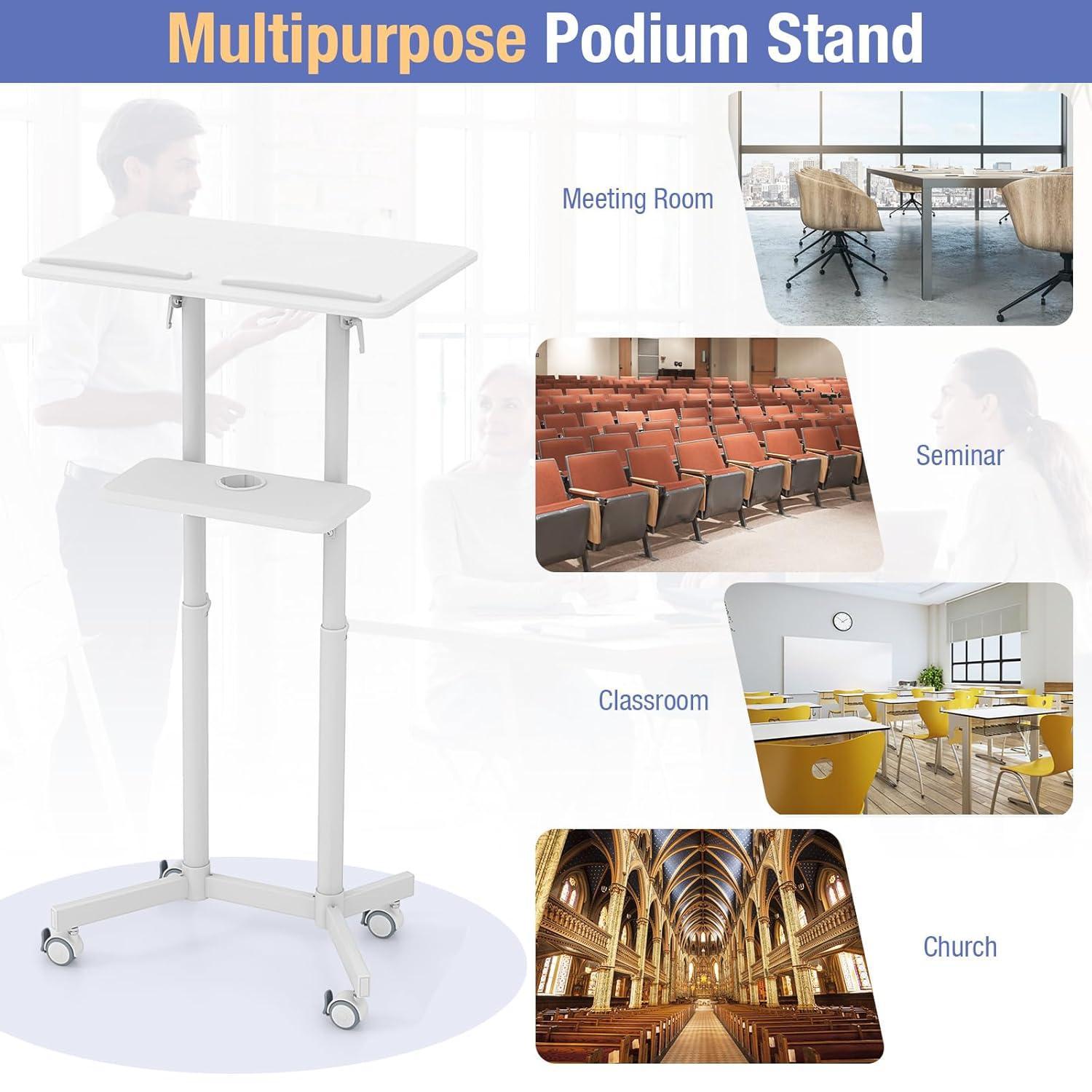 Giantex Mobile Laptop Podium, Height Adjustable Standing Desk with Storage Tray, Tilting Desktop, Home Office Classroom Pulpit Stand Up Desk, Rolling Laptop Cart Lecterns & Podiums for Church, White