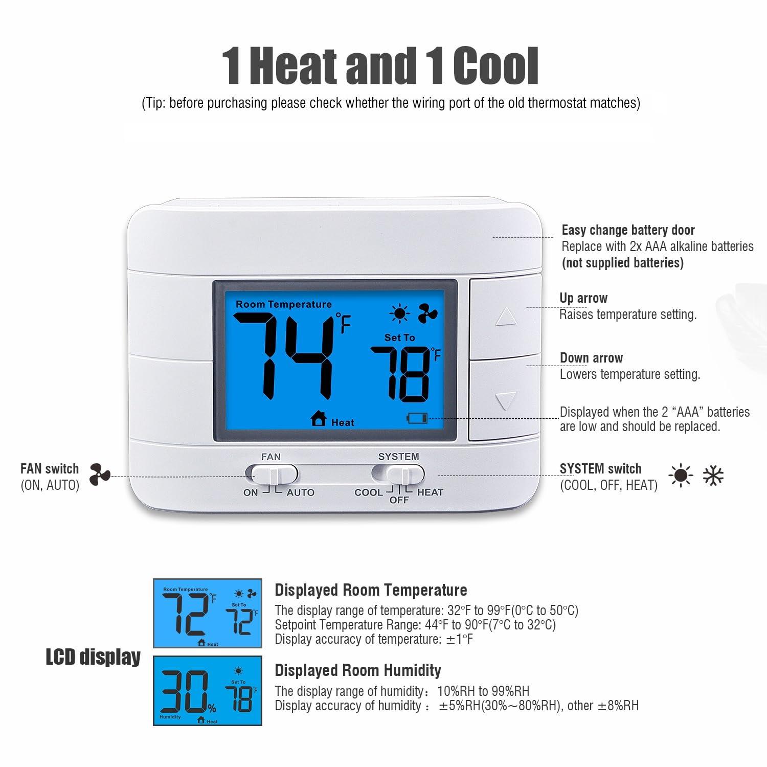 Non Programmable Thermostat for Home 1 Heat/ 1 Cool Single-Stage System, with Room Temperature Monitor (LCD White Backlit Screen)