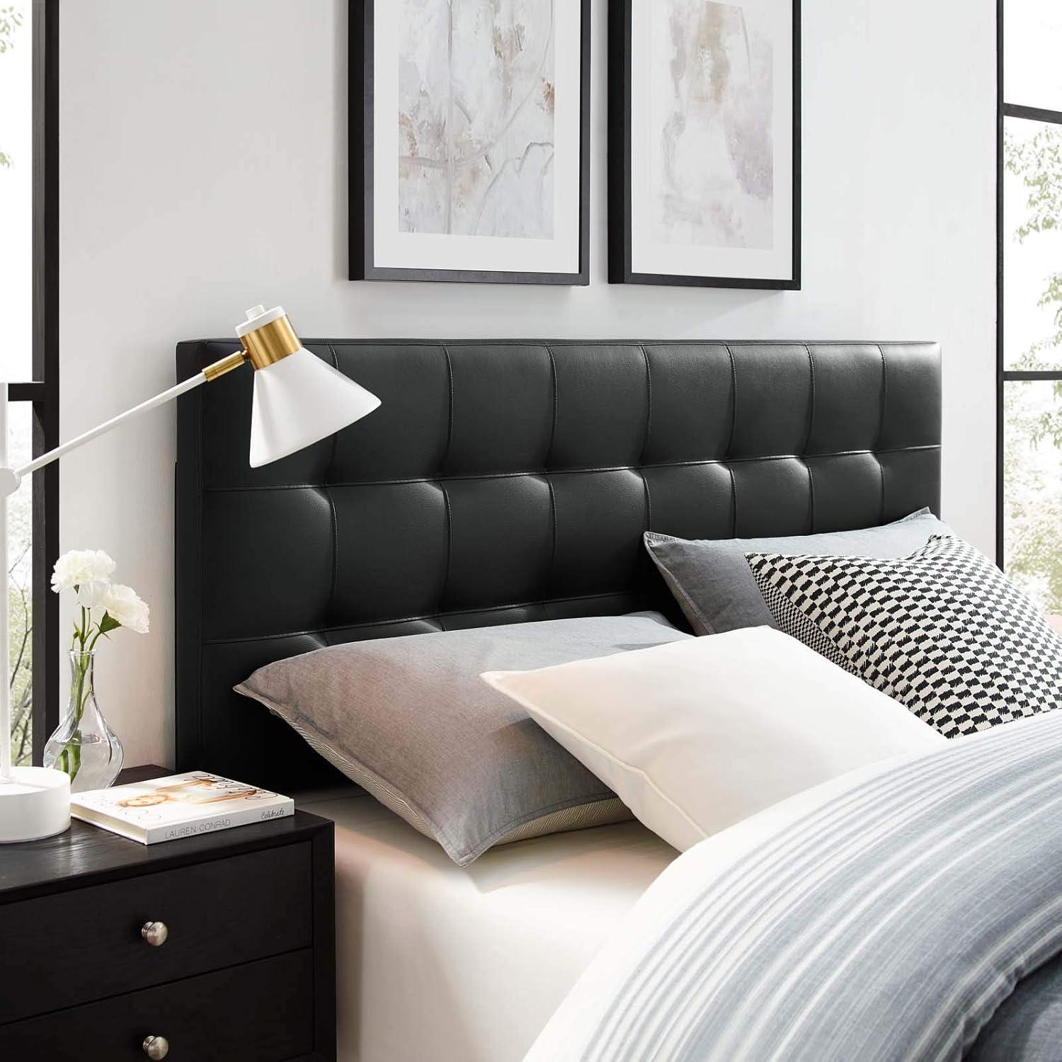 Black Tufted Faux Leather Upholstered Queen Headboard