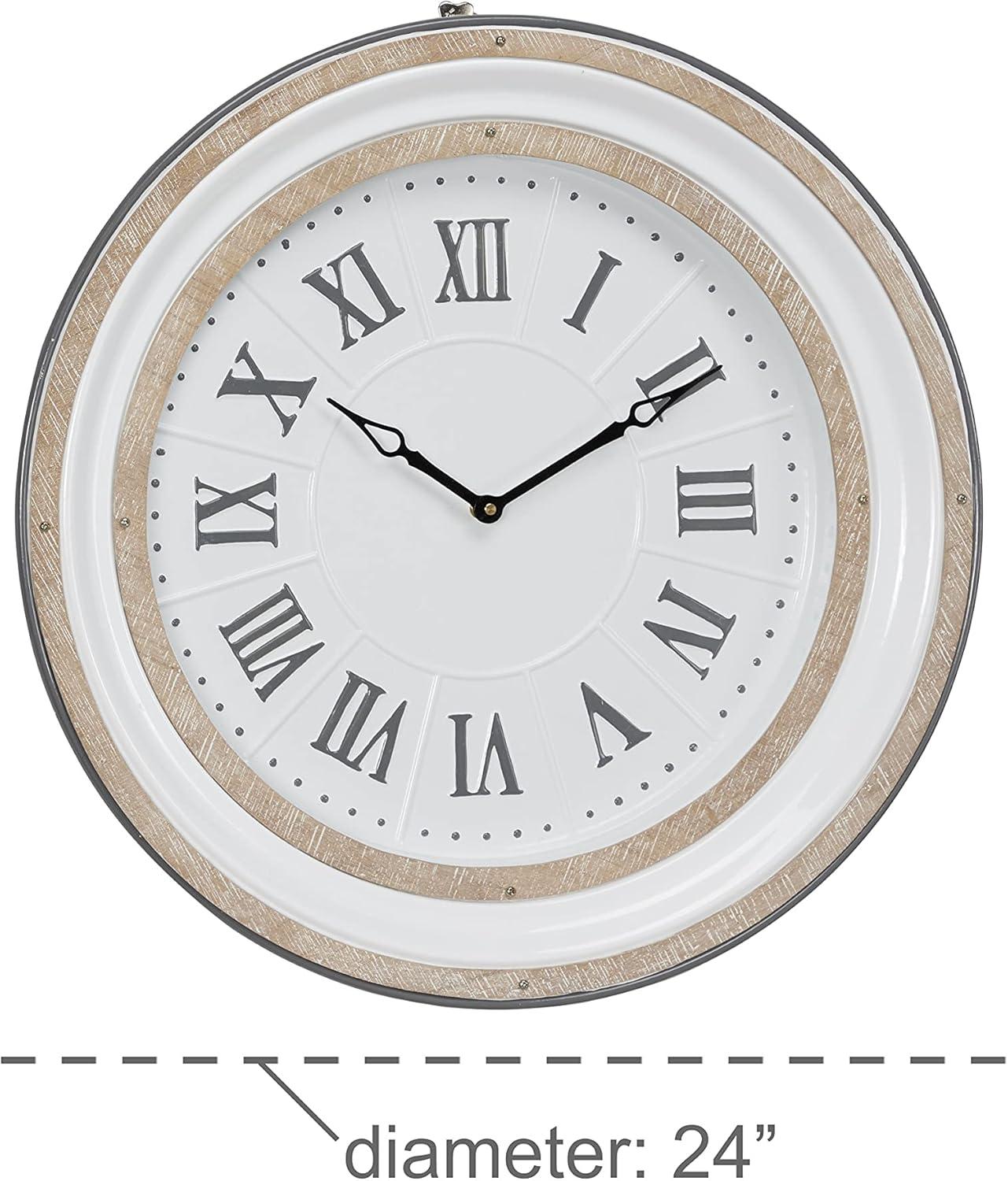 Farmhouse Metal Vintage Wall Clock White - Olivia & May: Silent Mechanism, 24" Size, Round Shape