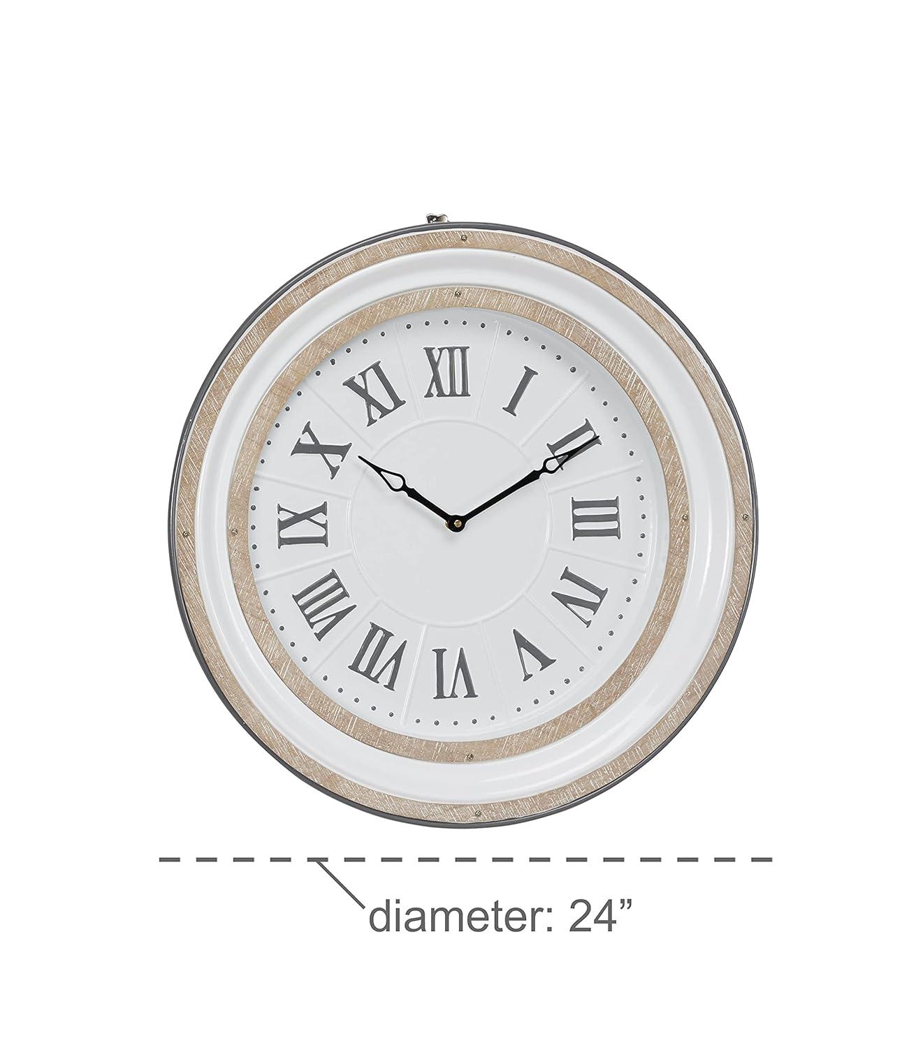 Farmhouse Metal Vintage Wall Clock White - Olivia & May: Silent Mechanism, 24" Size, Round Shape