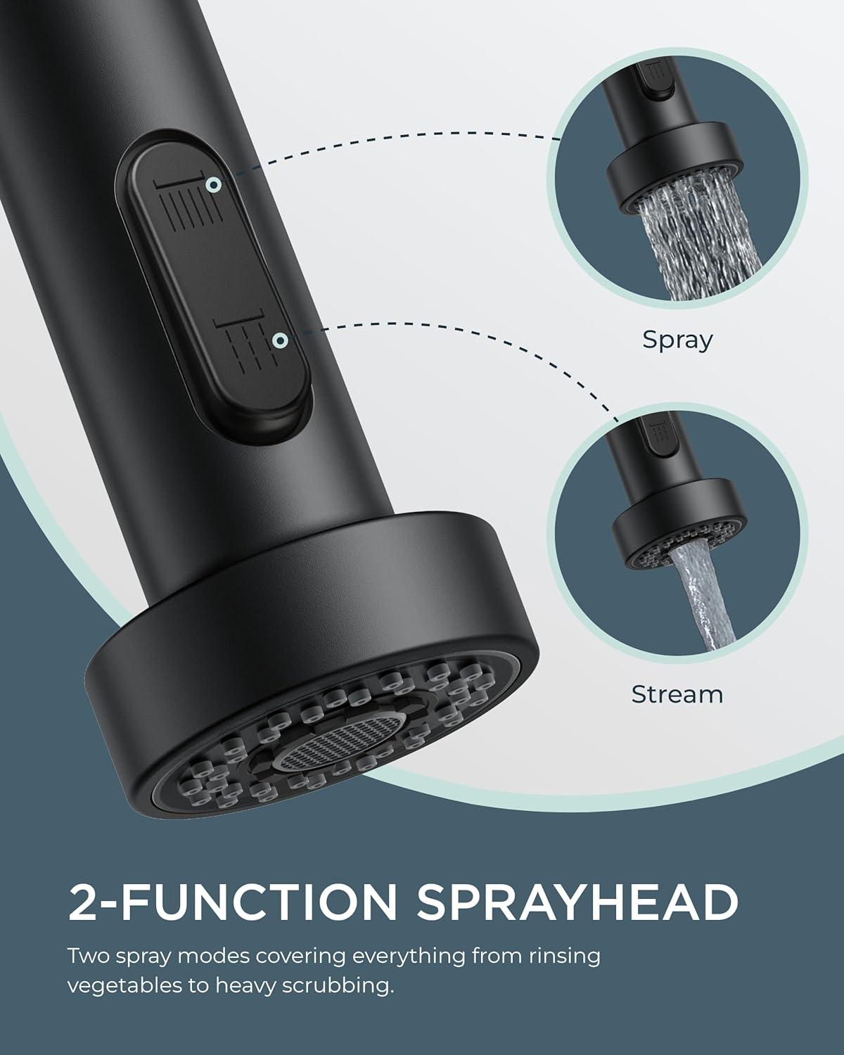 FORIOUS Black Kitchen Faucet with Soap Dispenser, Single Handle Stainless Steel Spring Sink Faucet with Pull Down Sprayer Transitional for Farmhouse Camper Laundry Camper
