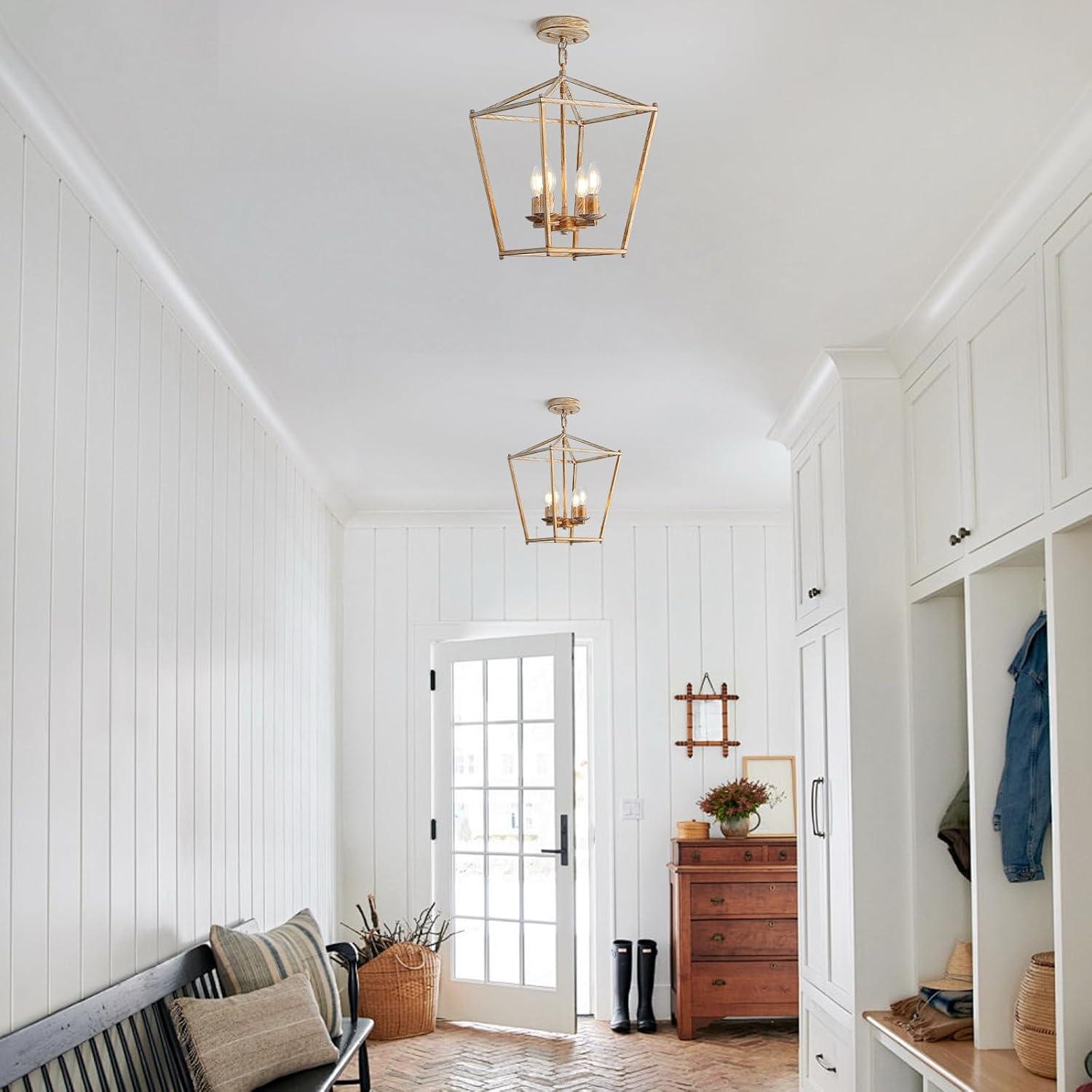 Rustic Lantern Chandeliers 4-Light Ceiling Cage Hanging Lights Gold Pendant Light Fixtures for Kitchen Island Dining Room Farmhouse Entryway Foyer