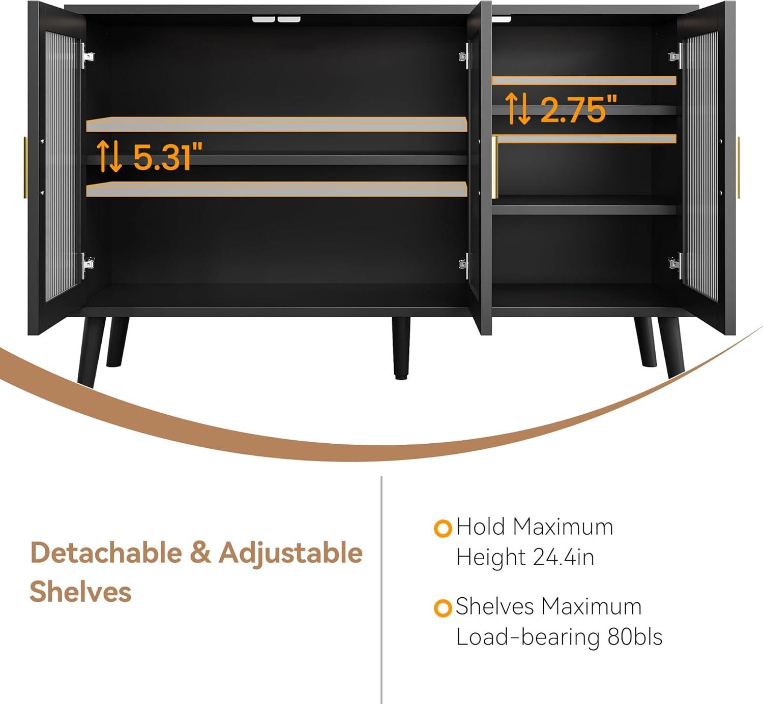 Buffet Cabinet with Storage, 48" Large Sideboard Cabinet with 3 Fluted Glass Doors, Black Cabinet for Kitchen, Dinning Room, Hallway, Living Room