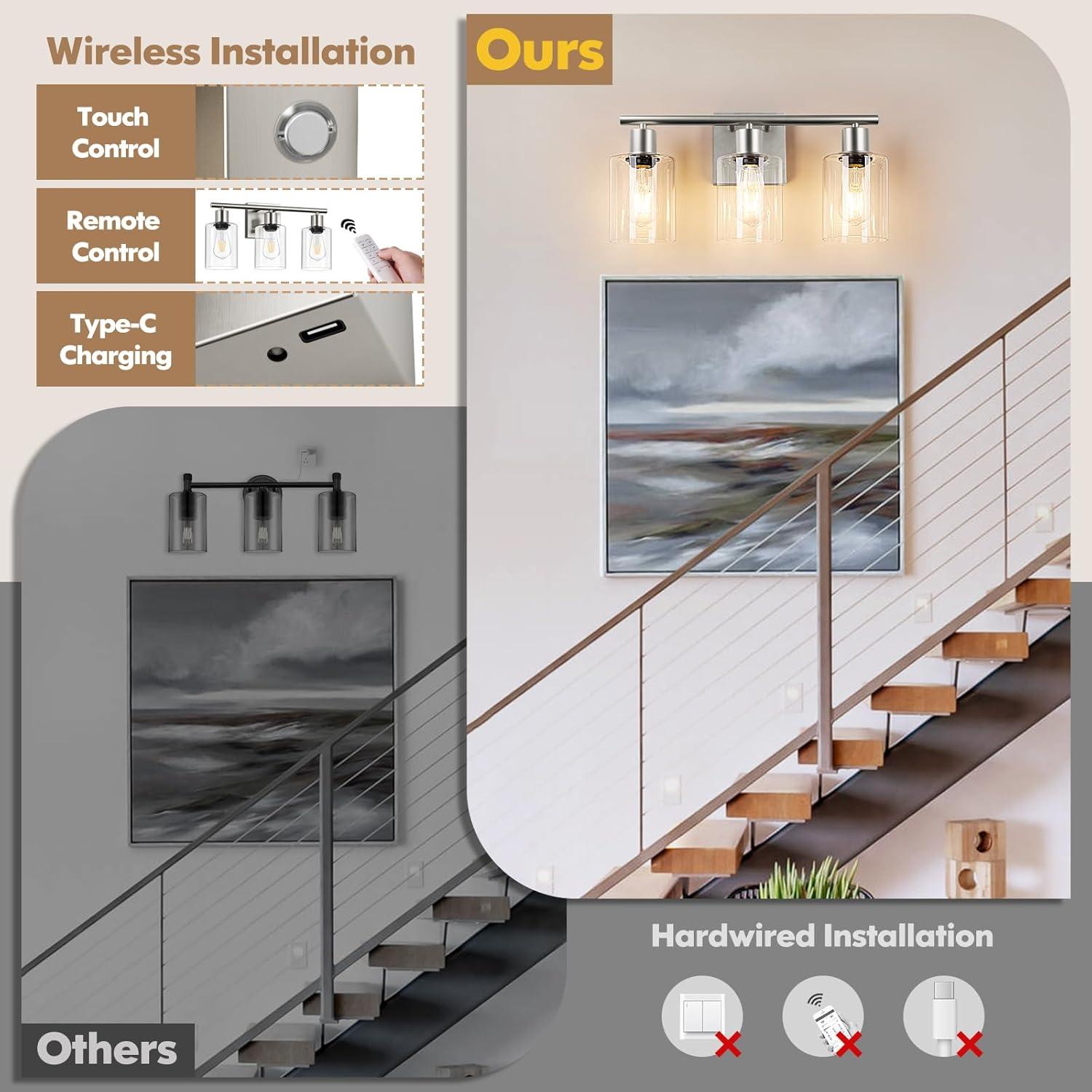 Vanity Wall Light Fixtures, Modern 3 Lights Wall Sconce with Clear Glass Shade, Brushed Nickel Farmhouse Wall Lamp for Bathroom Mirror Kitchen Porch Living Room Workshop (E26 Base)