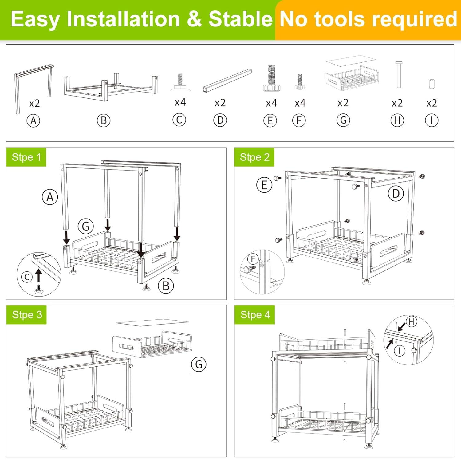 2 Pack Under Sink Organizer,Kitchen Organizers and Storage with Sliding,2 Tier Pull Out Cabinet Organizer,Adjustable Height Metal Rack for Kitchen Bathroom Storage Counter Organization