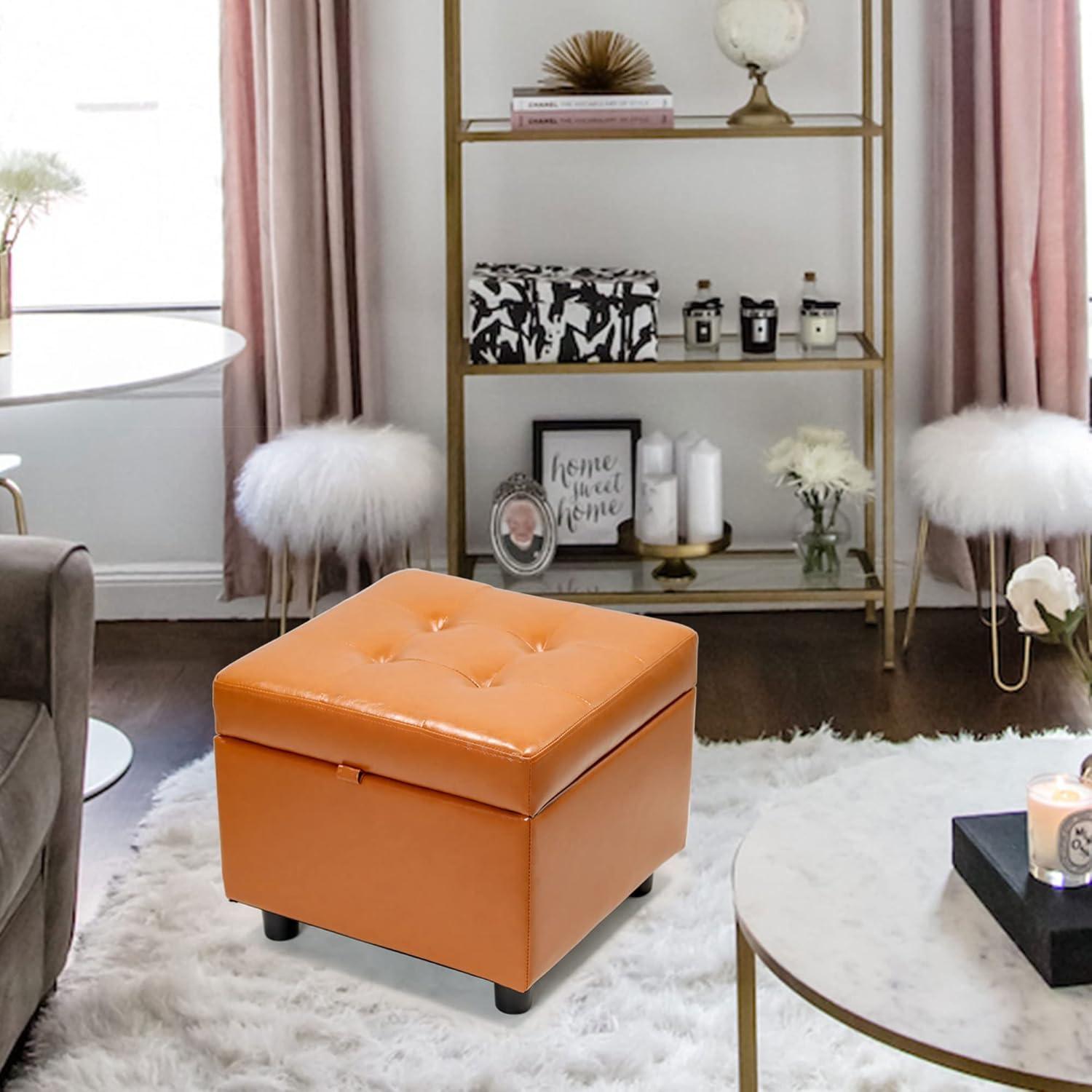 Classic Tufted Tan Leather Round Storage Ottoman with Black Legs