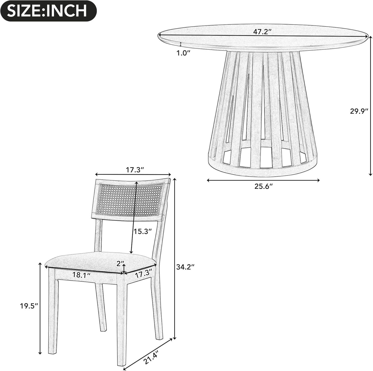 Walnut Round Dining Table Set with Rattan Backrest Chairs