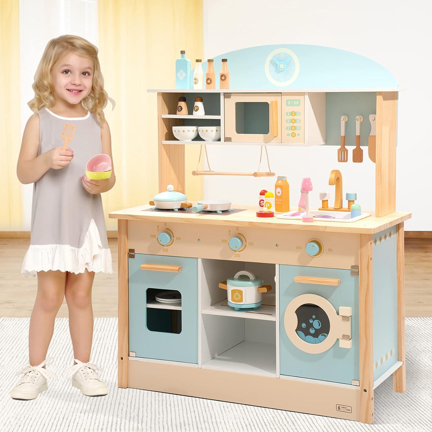 ROBUD Solid Wood Play Kitchen & Accessories Set, Preschool Kitchen Set, Kids Kitchen Playset
