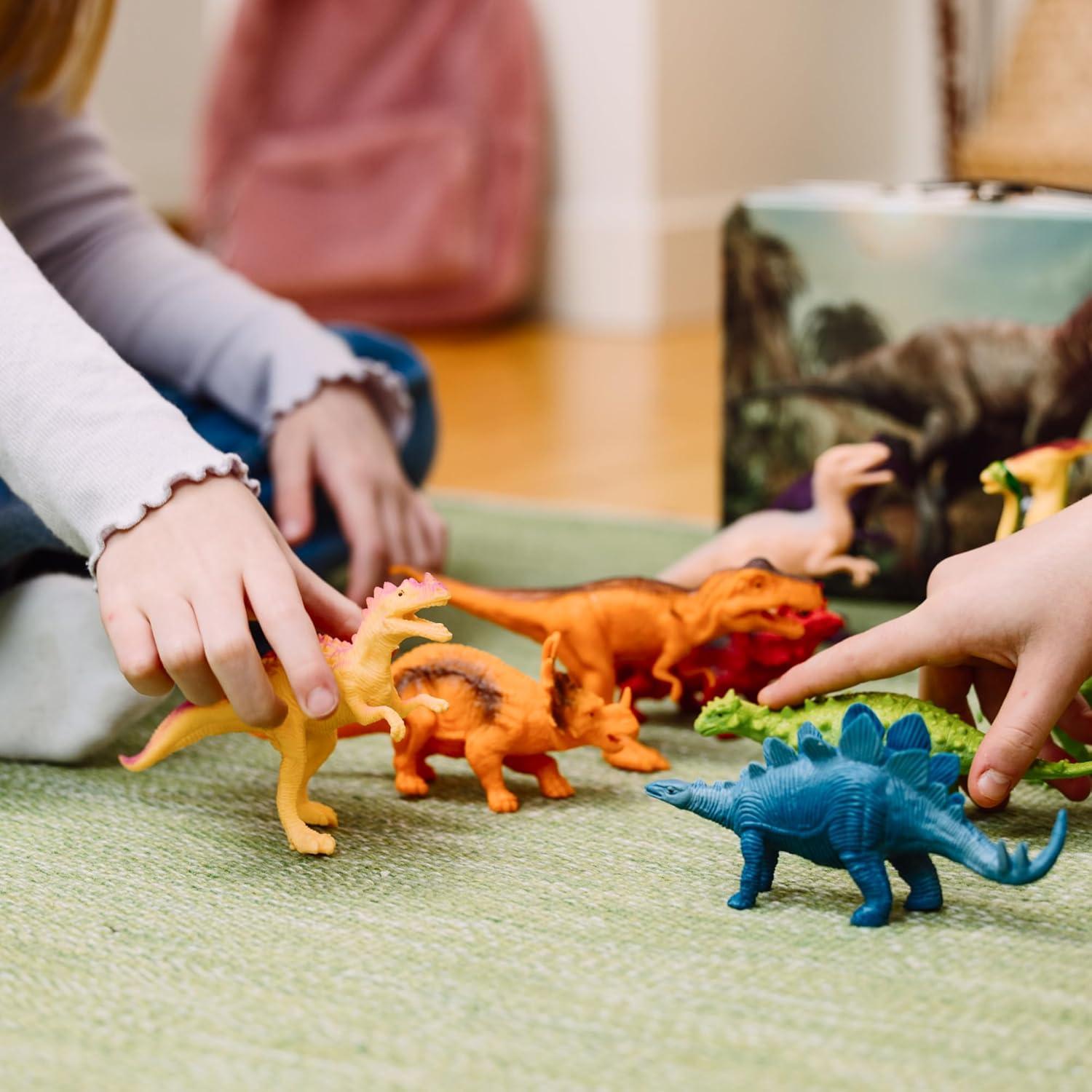 PLAYVIBE Dinosaur Toys for Kids - 12 Realistic Small Dinosaur Figures with Metal Storage Box & Soft Dino for Boys and Girls 3-7 Years - Spinosaurus Toddler Toys