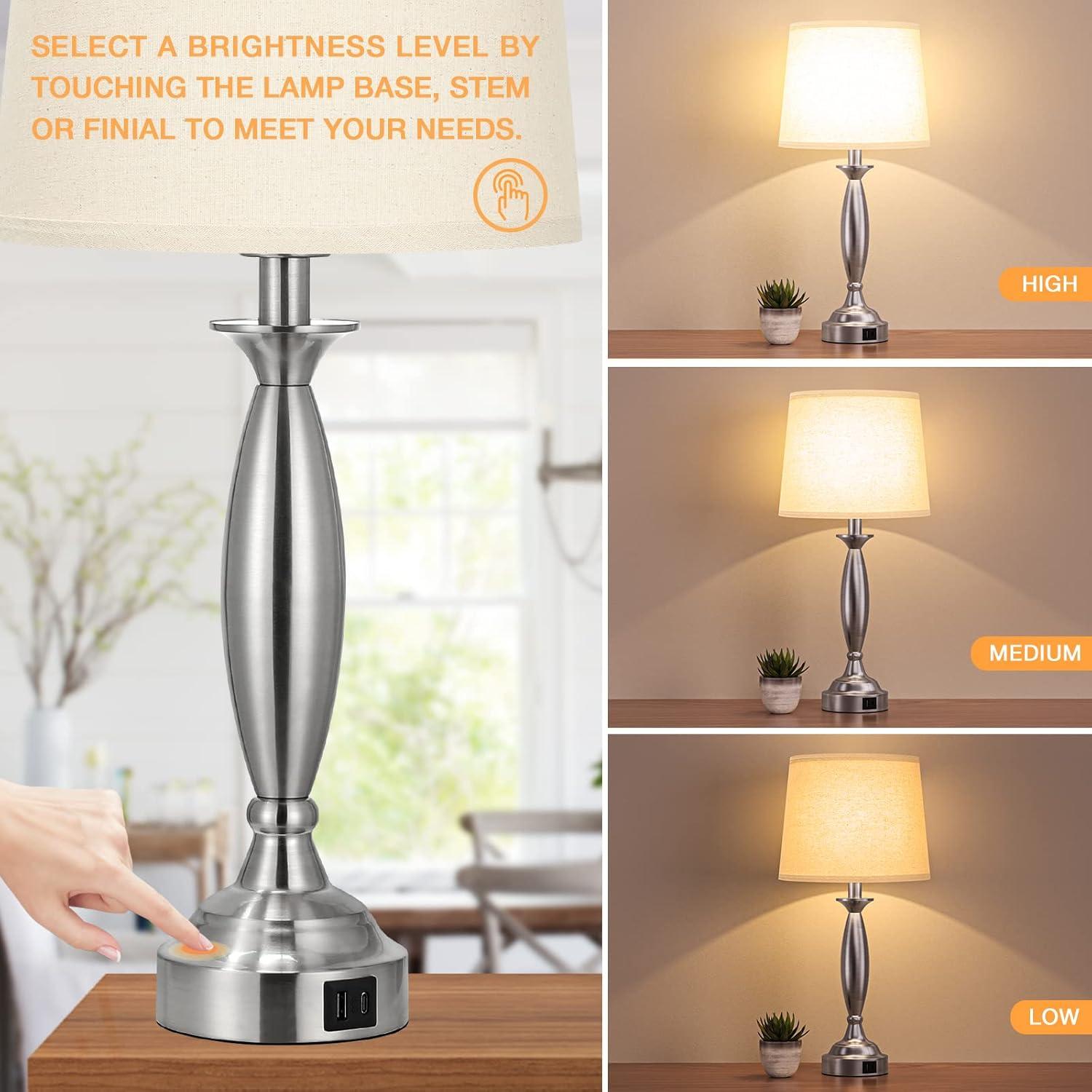 Beige 3-Way Touch Control Table Lamps with USB Ports, Set of 2