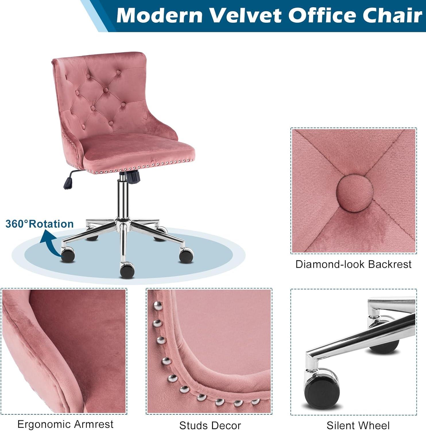 Pink Velvet Swivel Office Chair with Adjustable Height