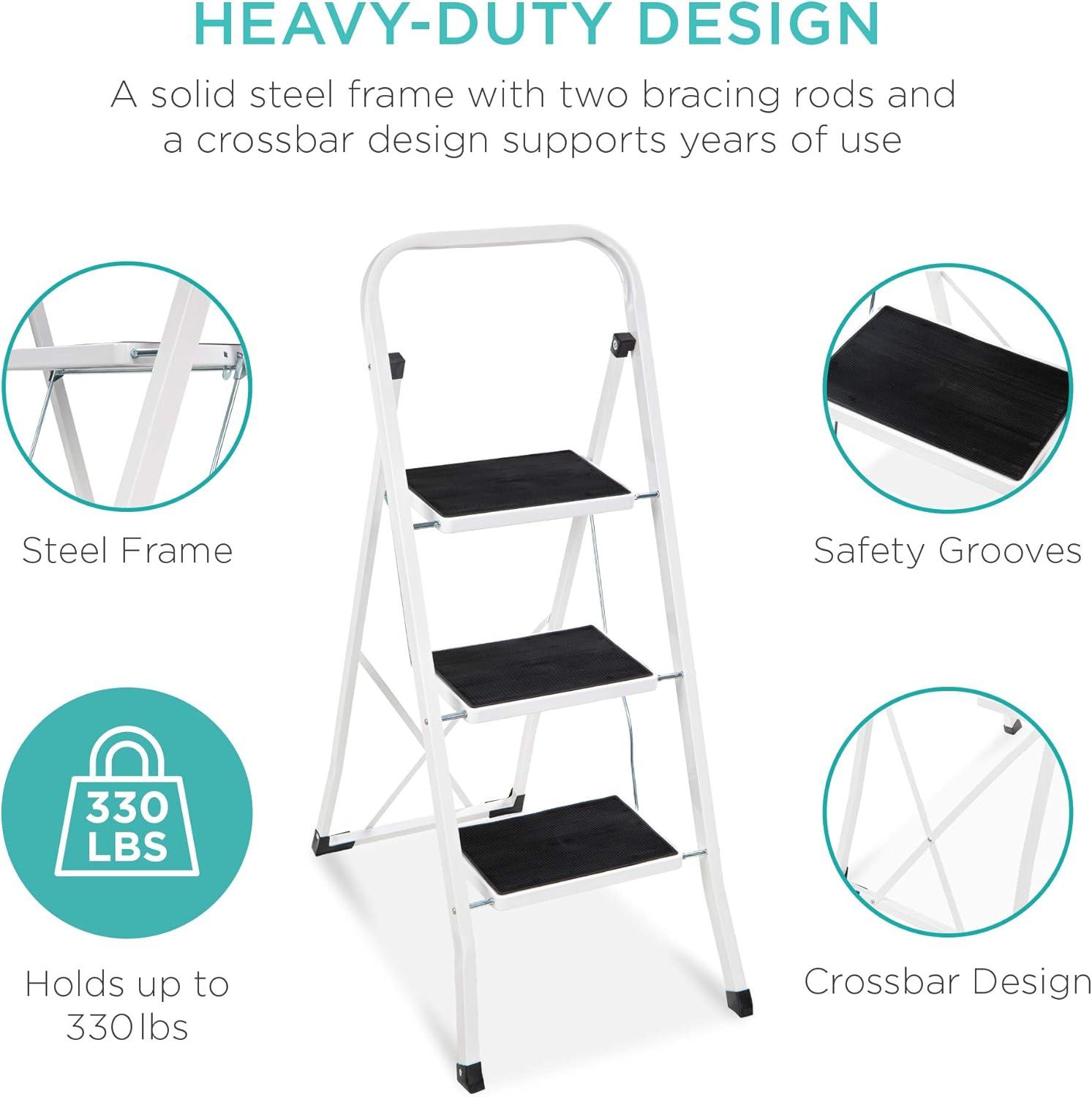 Best Choice Products 3 Step Ladder Folding Lightweight Step Stool for Home w/ Non-Slip Feet, Padded Steps, 330lb White