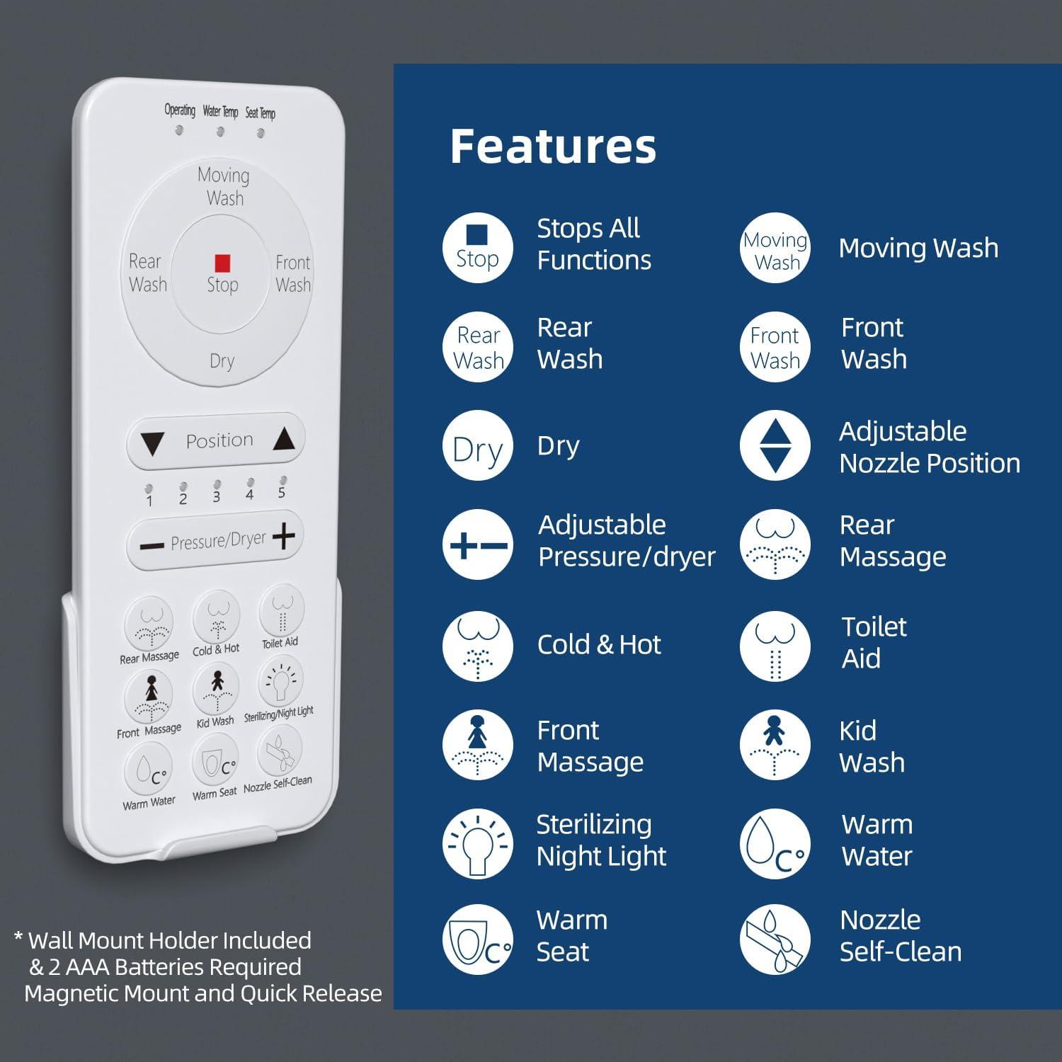 Smart Bidet Toilet Seat with Wireless Remote and Side Panel, Multiple Spray Modes, Adjustable Heated Seat, Warm Water Air Dryer,White