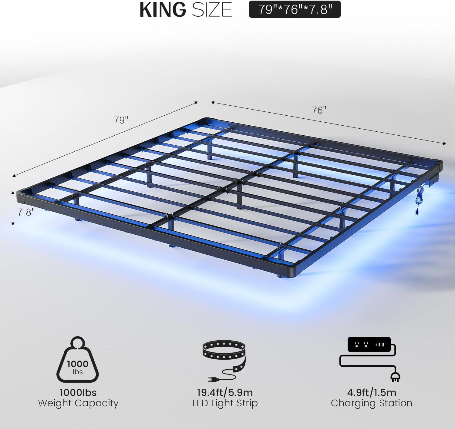 Floating Bed Frame With Led Lights Metal Platform Bed, No Squeak