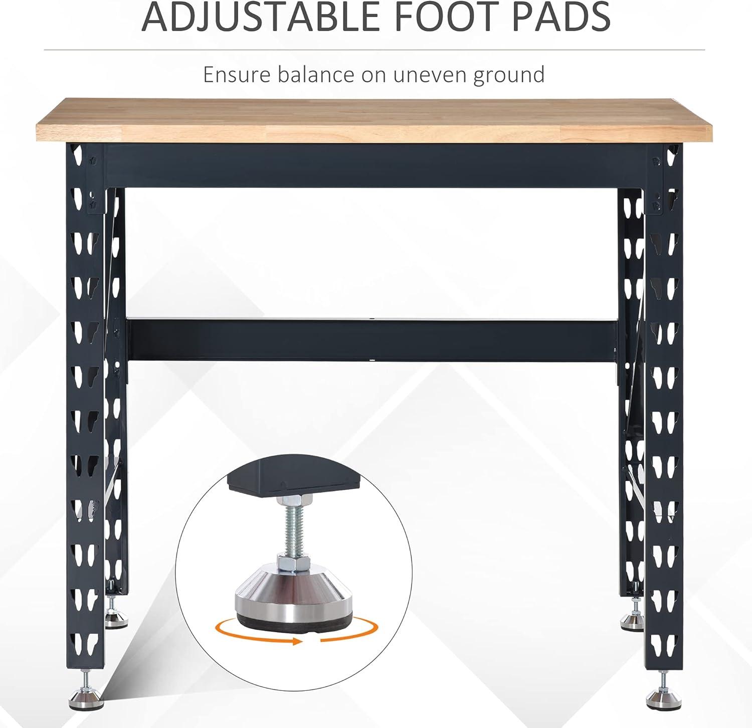 HOMCOM 45" Work Bench with Adjustable Footpads and Large Solid Wood Tabletop Tool Table for Garage, Weight Capacity 1100 lbs
