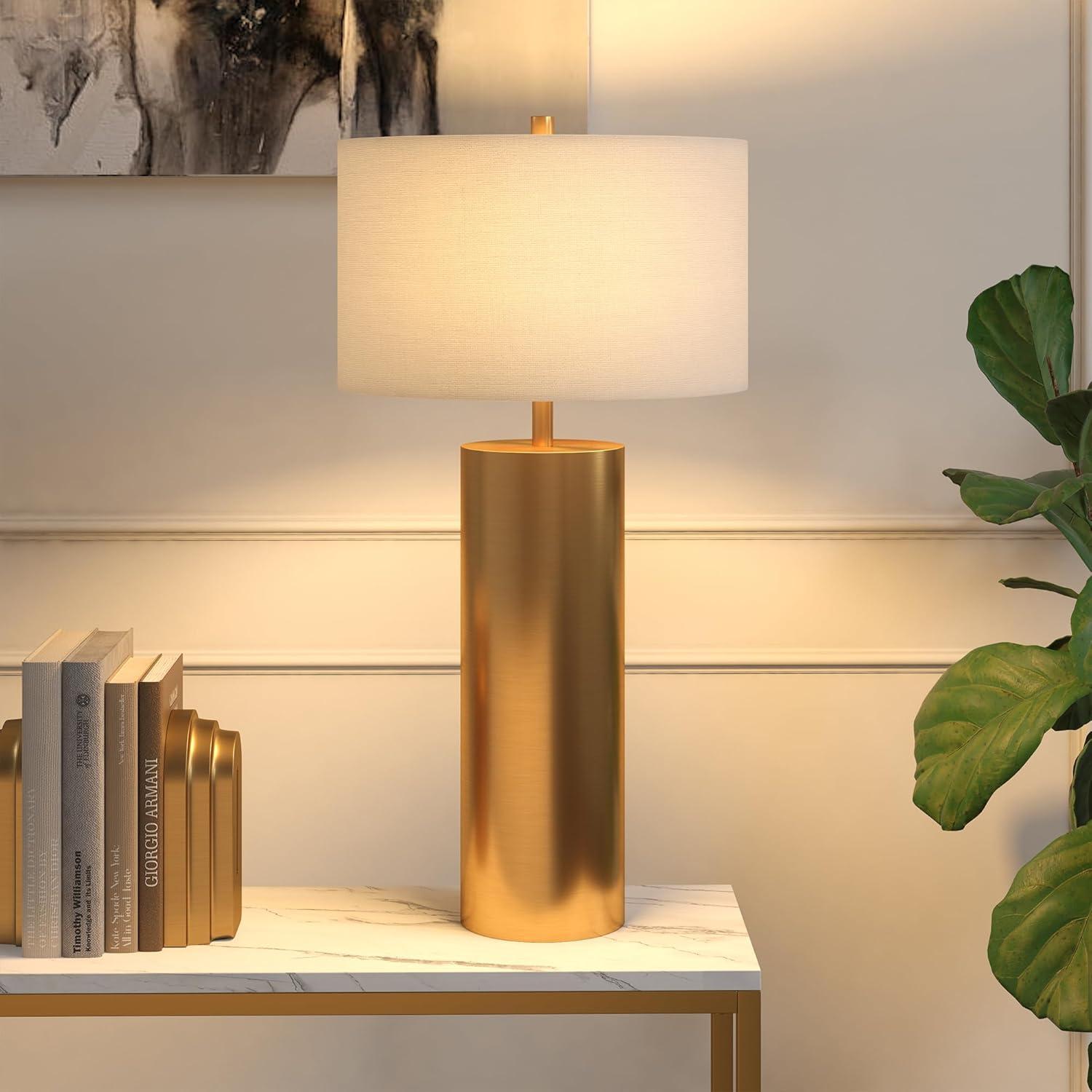 Evelyn&Zoe York 29.5" Mid-Century Modern Metal Table Lamp with White Drum Fabric Shade