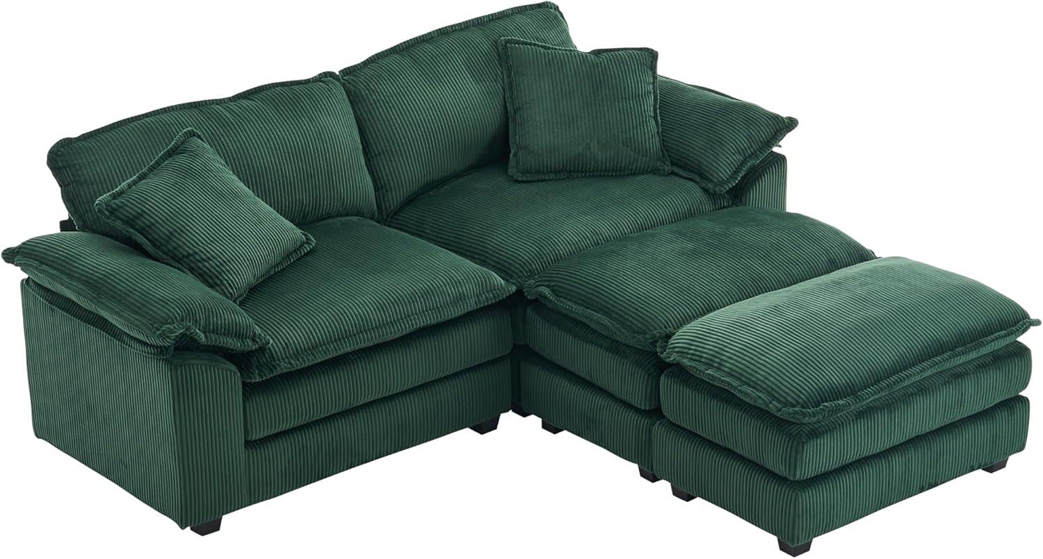 Green Corduroy Loveseat Sofa with Ottomans and Pillows