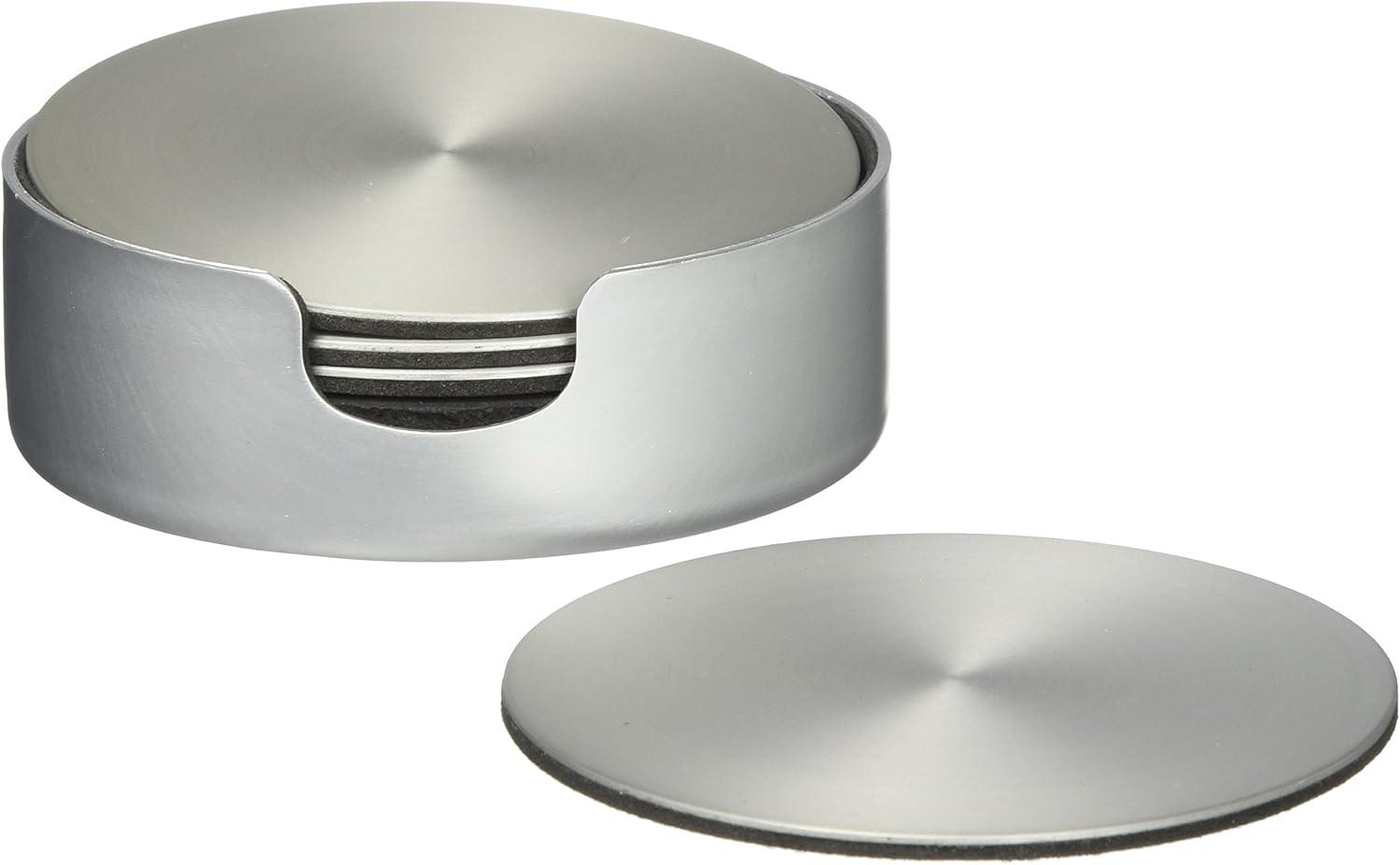 Brushed Aluminum Round Coasters with Cushioned Base and Holder