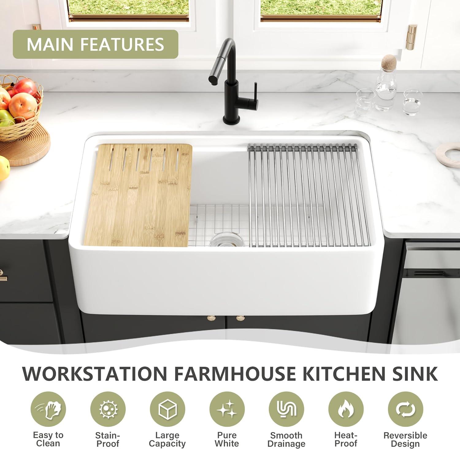Pure 33 in. Workstation White Kitchen Sink Apron Front Fireclay Farmhouse Sink Single Bowl with Accessory Kit