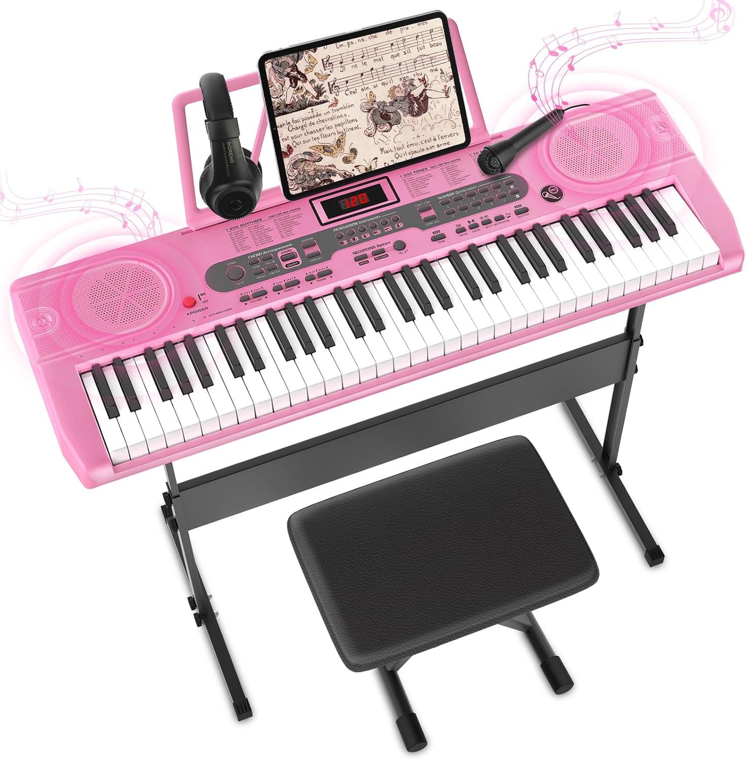 Fenbeli 61 Key Piano Keyboard with Lighted Keys Electric Keyboard Kit with Stand, Bench, Headphones, Built-in Speakers, Pink