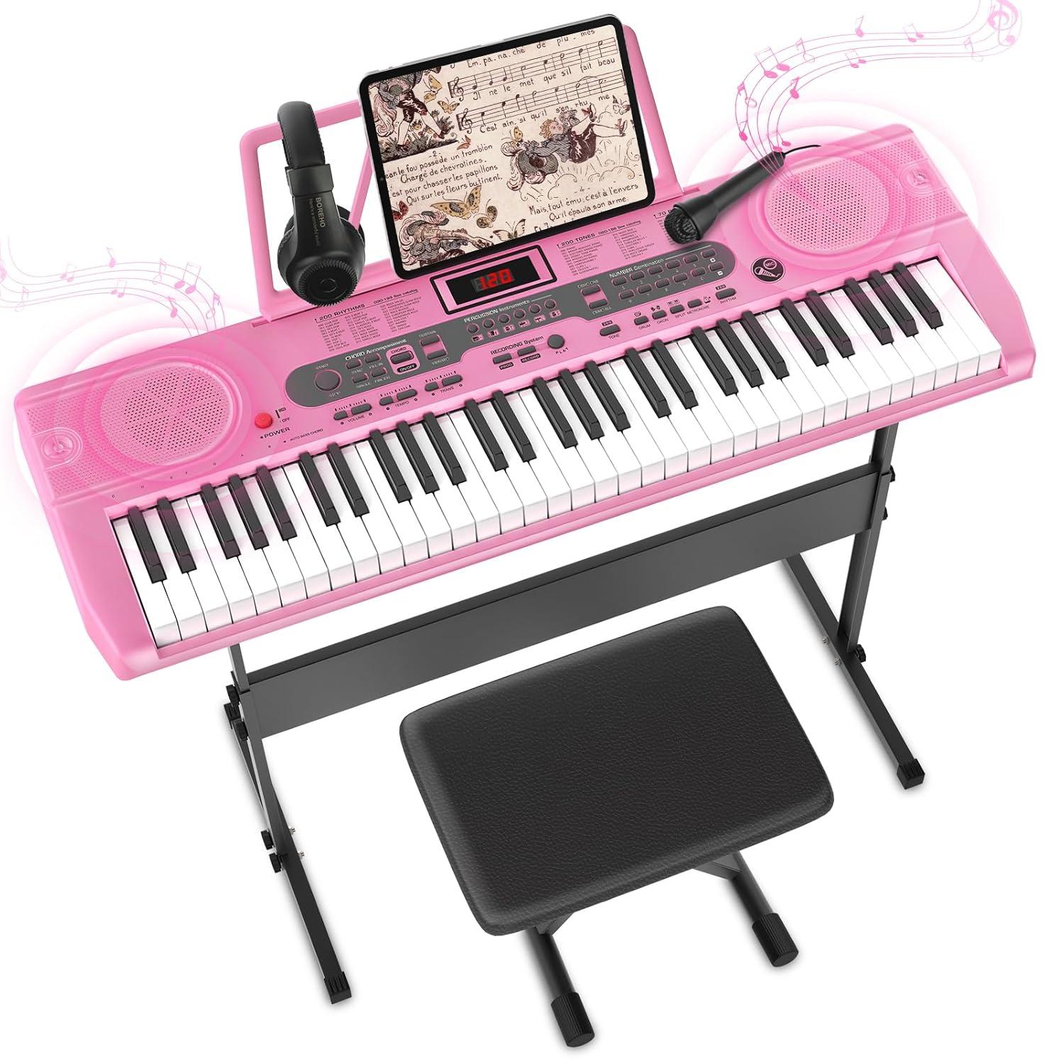 Fenbeli 61 Key Piano Keyboard with Lighted Keys Electric Keyboard Kit with Stand, Bench, Headphones, Built-in Speakers, Pink