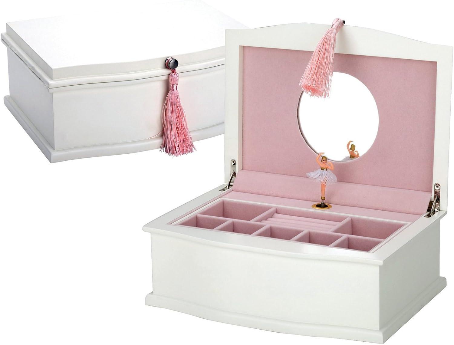 White Wood Ballerina Musical Jewelry Box with Pink Tassel