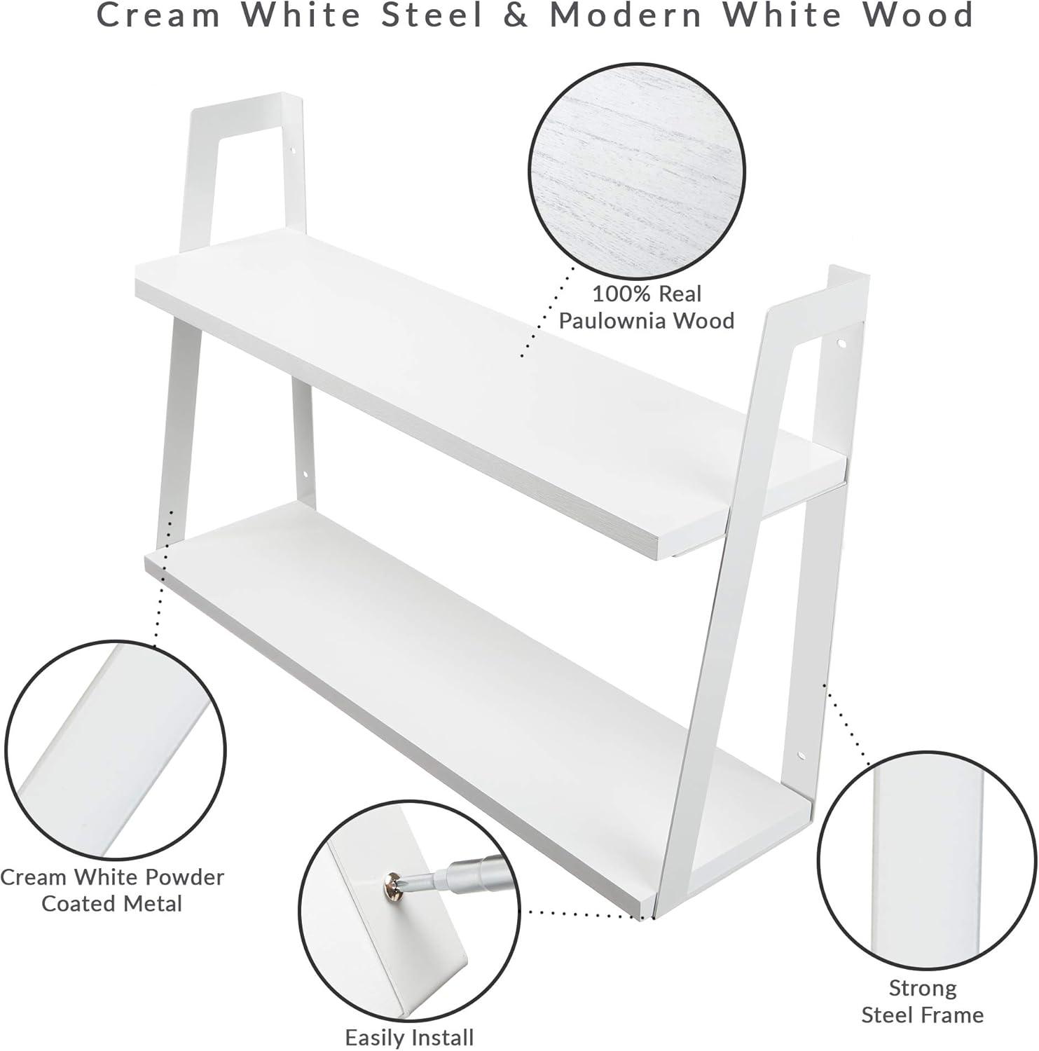 Modern White 2-Tier Steel and Wood Floating Wall Shelf