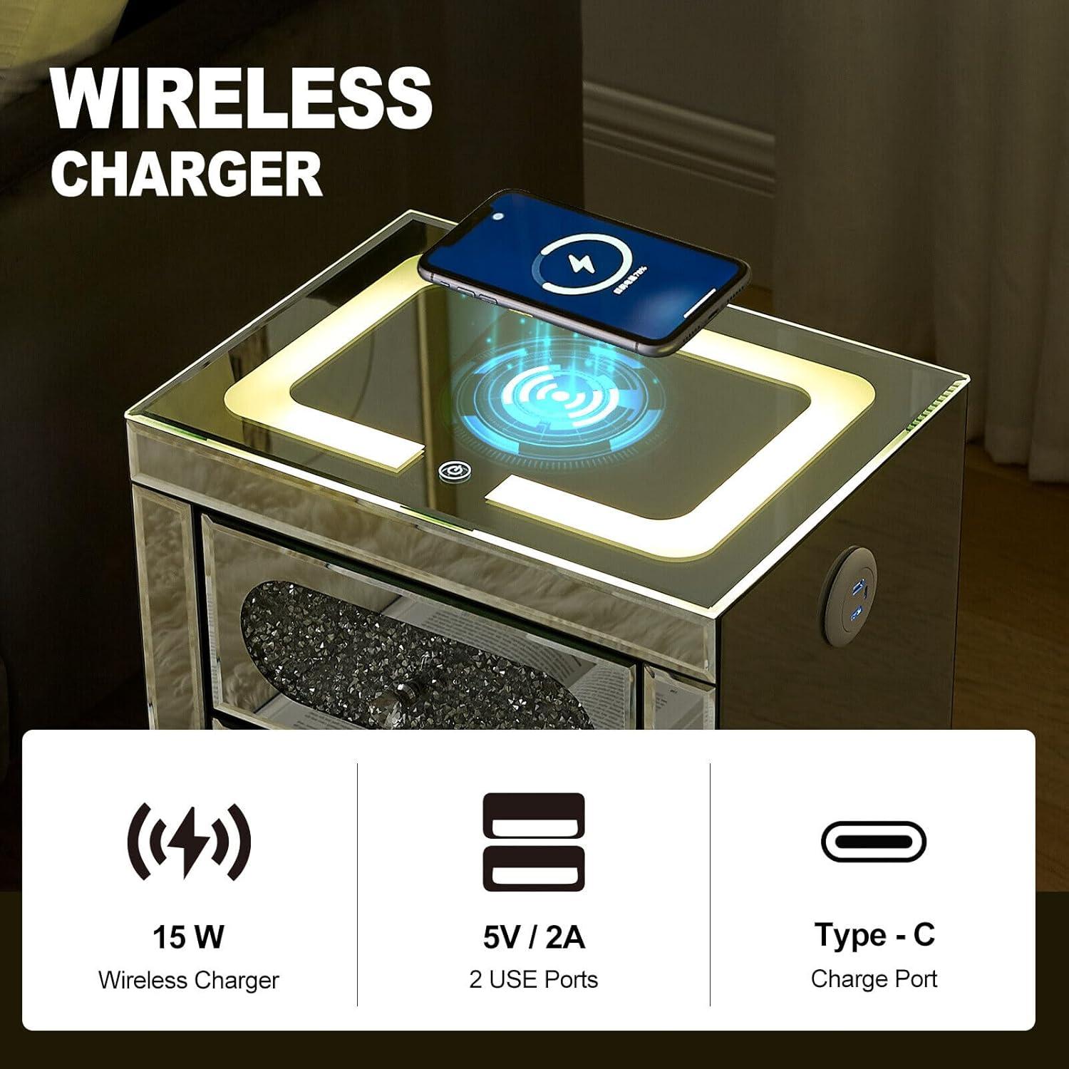 COSVALVE 3 Drawers Mirrored Nightstand Silver Glass Crystal Design Rectangle End Table with Wireless Charging Station, LED Lights, Charge USB Port