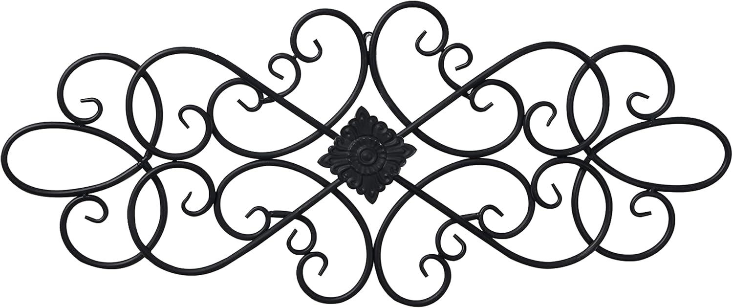 Sintosin Farmhouse Black Wrought Iron Wall Decor 32" x 13", Hanging Flower Plaque Scroll Metal Wall Art  Bedroom Home Decor