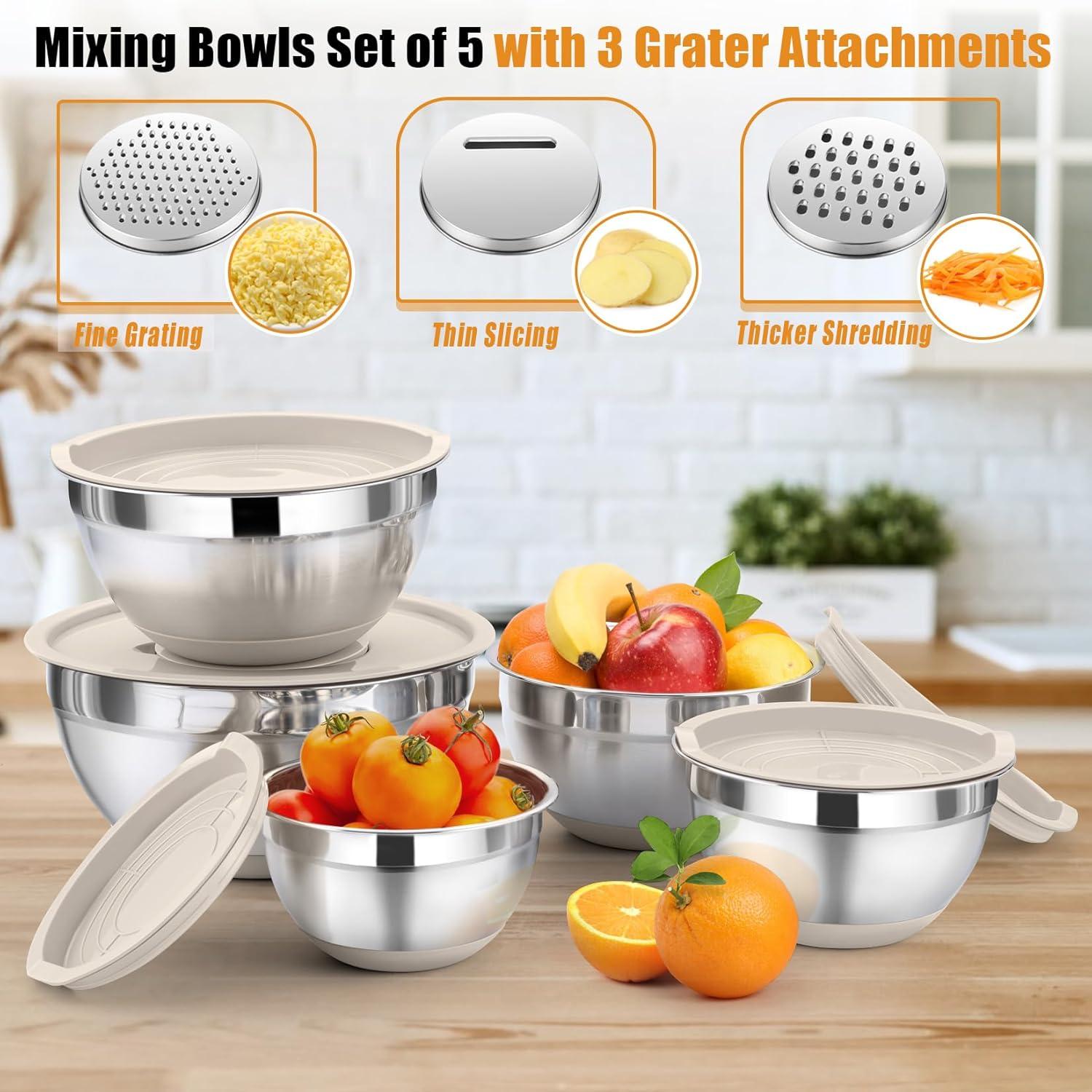 Toledo Bath & Kitchen Stainless Steel Mixing Bowls With Lids, 5-Pack Metal Nesting Bowls With Airtight Covers For Cooking, Baking, Serving, Storage, Non-Toxic & Dishwasher Safe, Size 4.6/3/1.5/1/0.7QT - Khaki