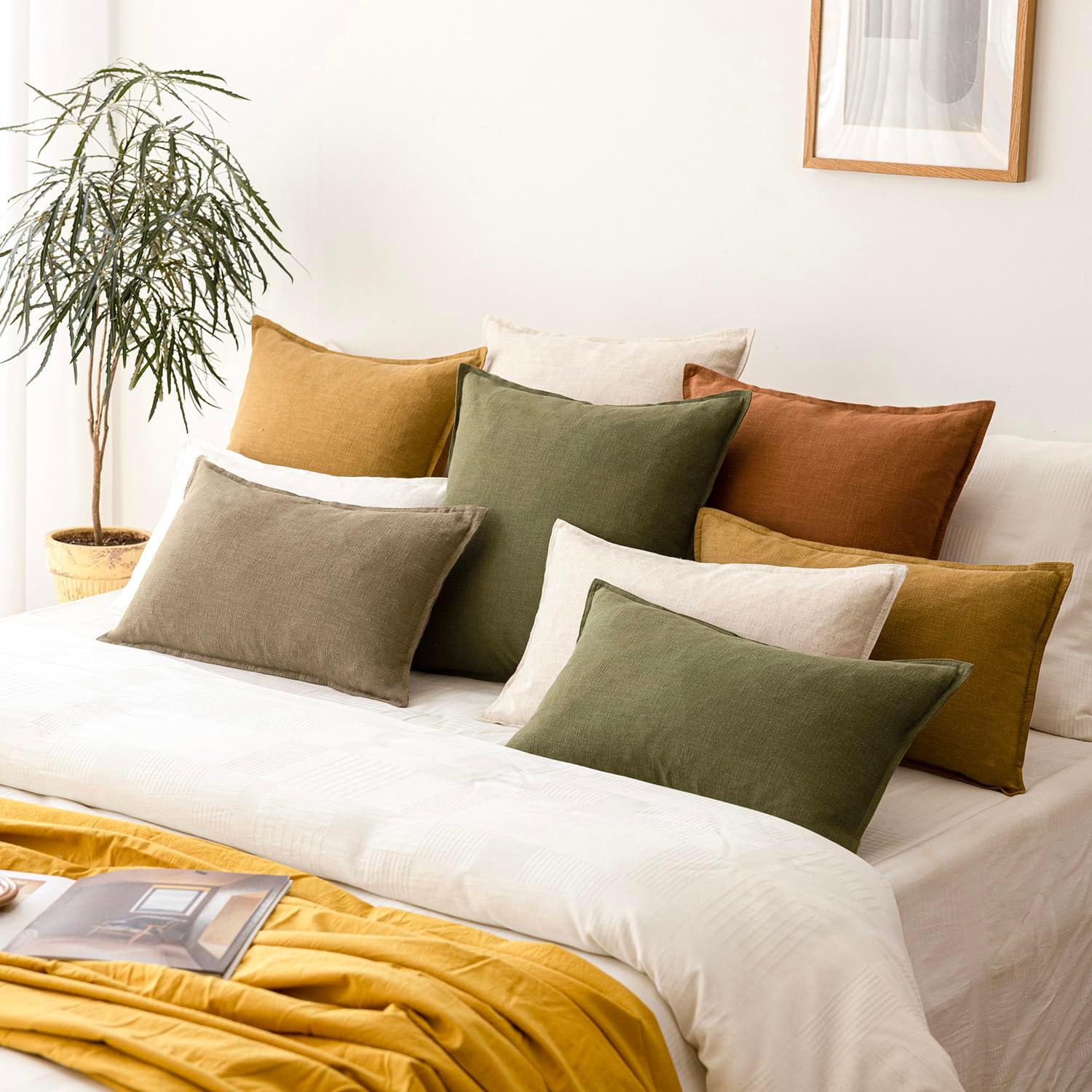 MADIZZ Set of 2 Linen Throw Pillow Covers with Broad Edge Soft Boho Decorative Pillow Cases for Sofa Bedroom Modern Pillow Shell 18x18 Inch Beige