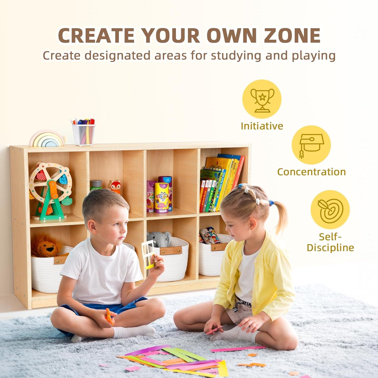 8-Compartment Backpack Wooden Storage Cabinet - Kids Toy Storage Organizer - Bookshelf for Classroom, Playroom, Kindergarten, Living Room, Office