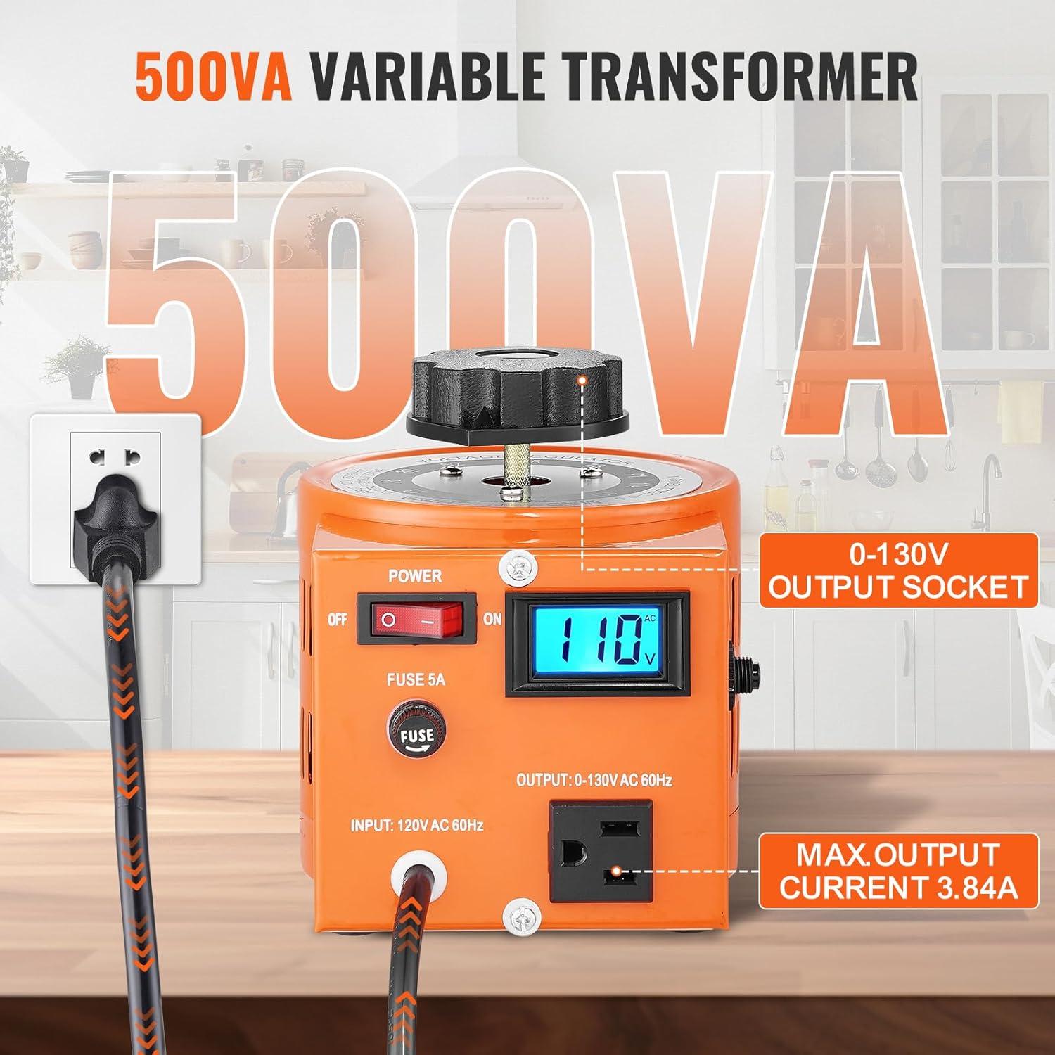 VEVOR 500VA Auto Variable Voltage Transformer, 15.3 Amp, 110V Input 0-130V Output AC Voltag