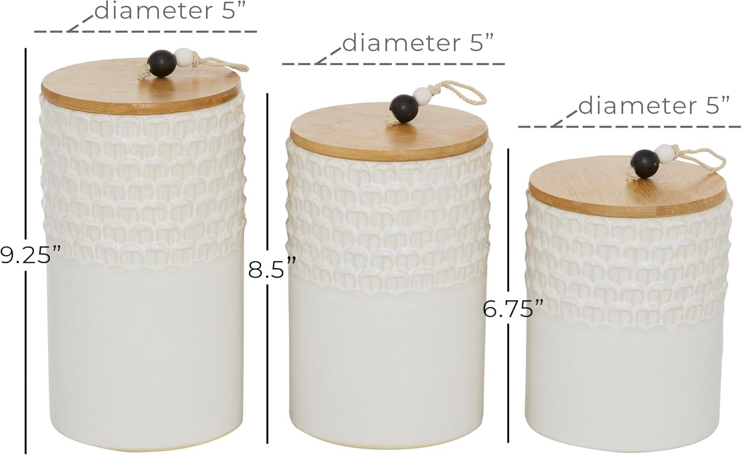 DecMode 9", 8", 7"H White Ceramic Textured Decorative Jars with Wood Lids and Beaded Accents, 3-Pieces