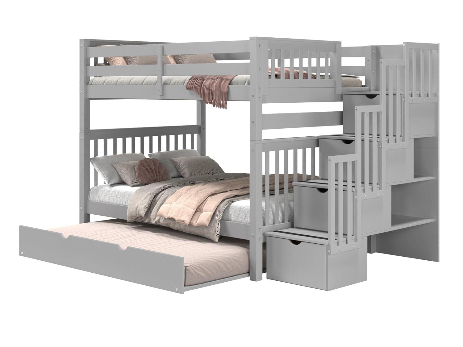 Bedz King Stairway Bunk Beds Full over Full with 4 Drawers in the Steps and a Full Trundle, Gray