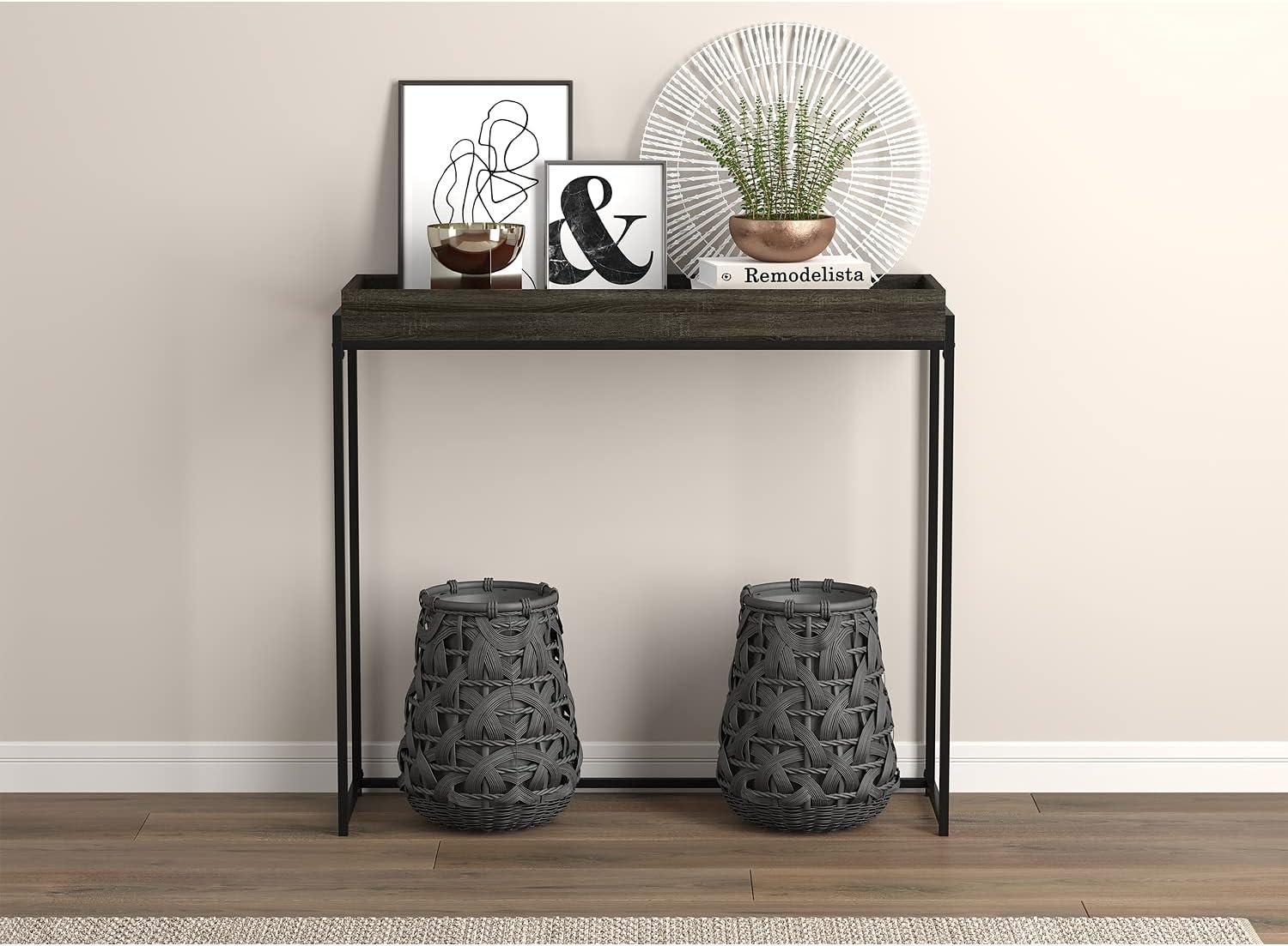 Dark Gray Wood and Metal Console Table with Storage, 35.5" Tall