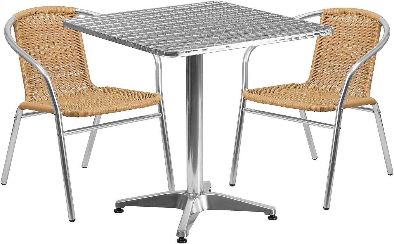Flash Furniture Lila 27.5'' Square Aluminum Indoor-Outdoor Table Set with 2 Beige Rattan Chairs