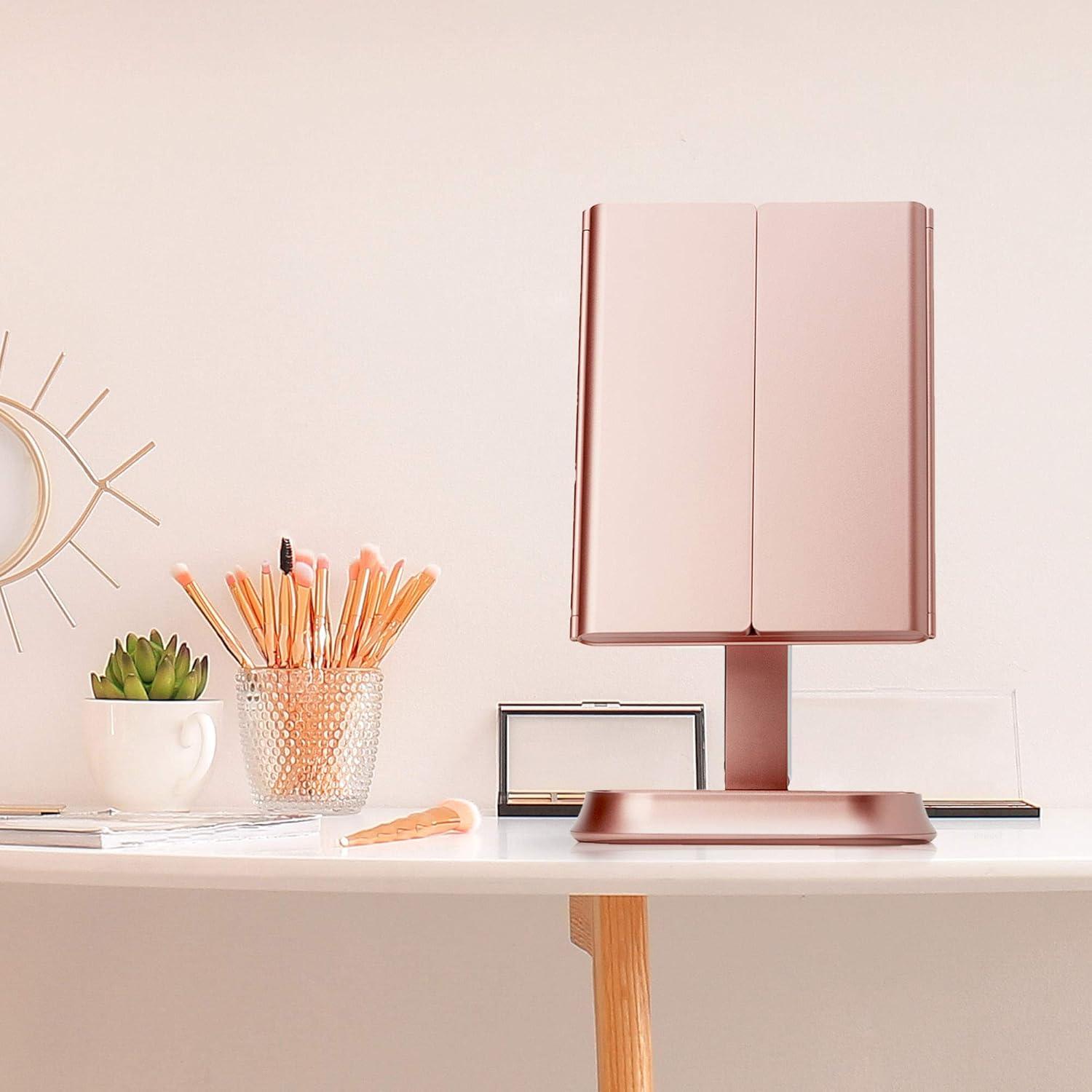 Rose Gold Trifold Vanity Mirror with LED Lights and Magnifications