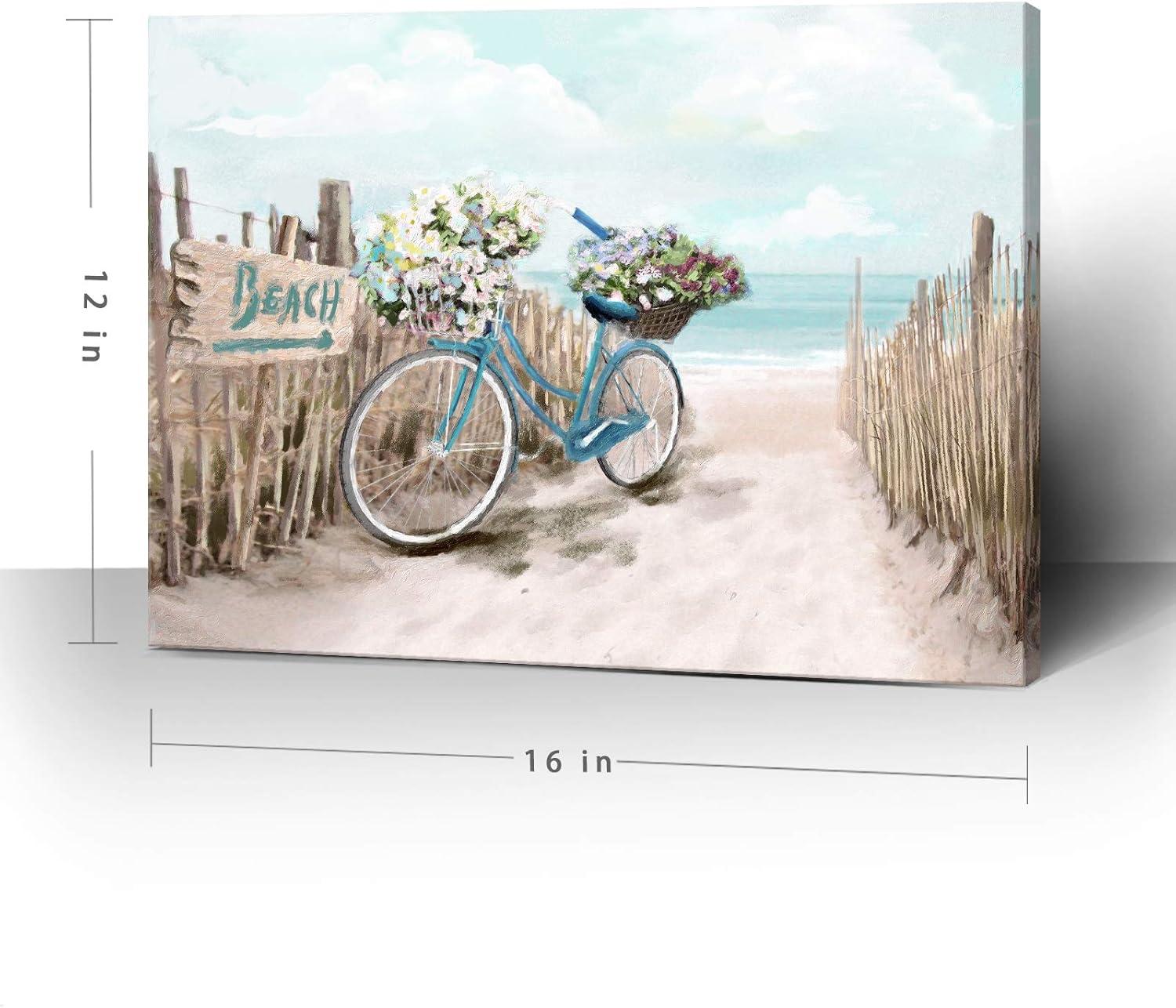 Beach Canvas Wall Art for Bathroom Ocean Pictures Seaside Bicycle Canvas Print Seascape Painting Framed Teal Aqua Blue Calming Shoreside Artwork for Modern Coastal Themed Lake Home Bedroom Décor Ready