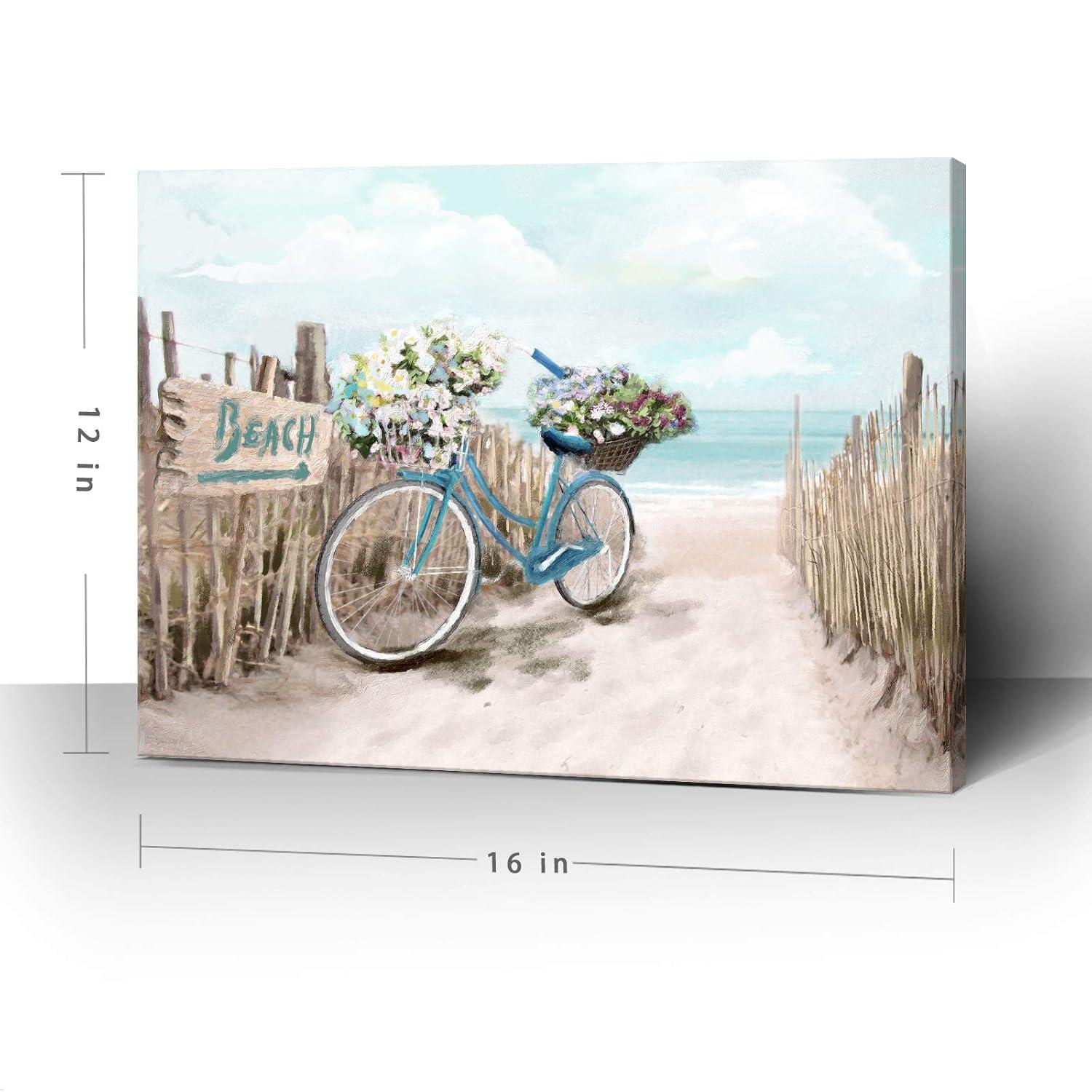 Beach Canvas Wall Art for Bathroom Ocean Pictures Seaside Bicycle Canvas Print Seascape Painting Framed Teal Aqua Blue Calming Shoreside Artwork for Modern Coastal Themed Lake Home Bedroom Décor Ready