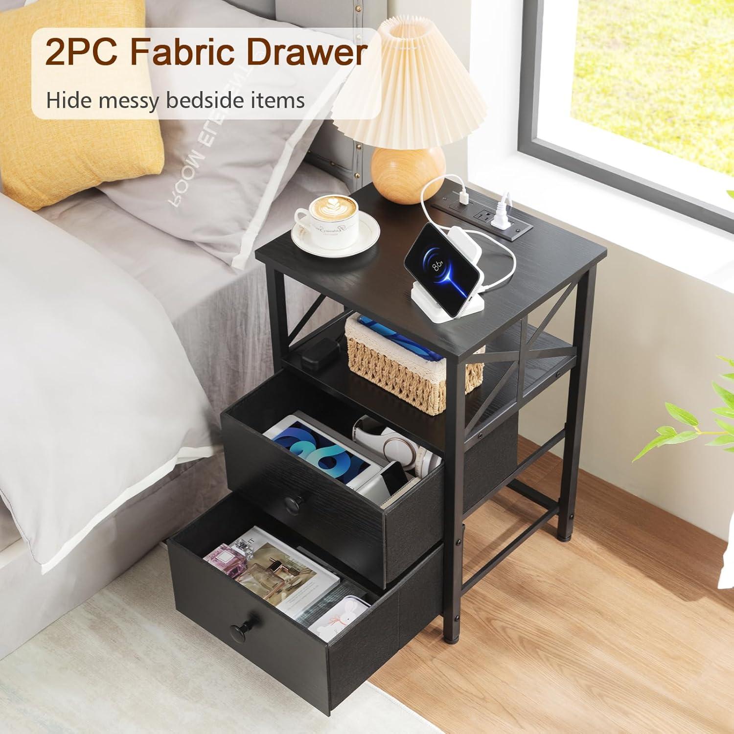 AMHANCIBLE Night Stand Set 2, LED Nightstand with Charging Station, End Tables Living Room with Fabric Drawers, Bedside Table for Bedroom, Black, HET052LBK