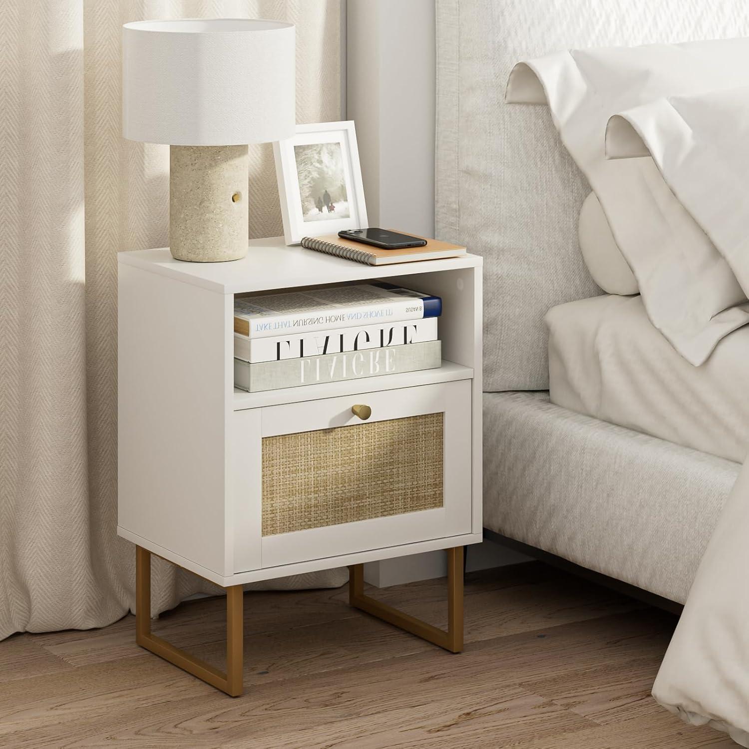 White and Gold Modern Rattan Nightstand with Drawer