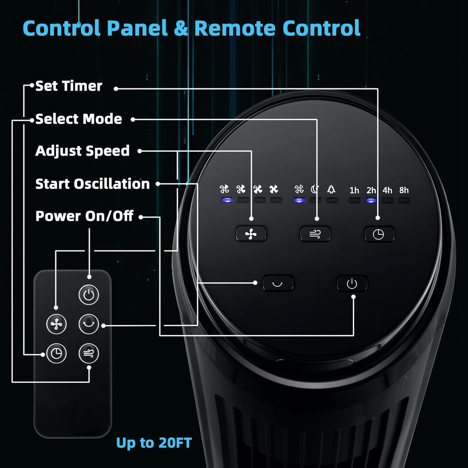 Topcobe 40" Tower Fan with Remote 75˚ Oscillating Fan with 3 Wind Modes and 4 Wind Speeds, Smart Floor Fans for Bedroom, Standing Bladeless Fan, Black