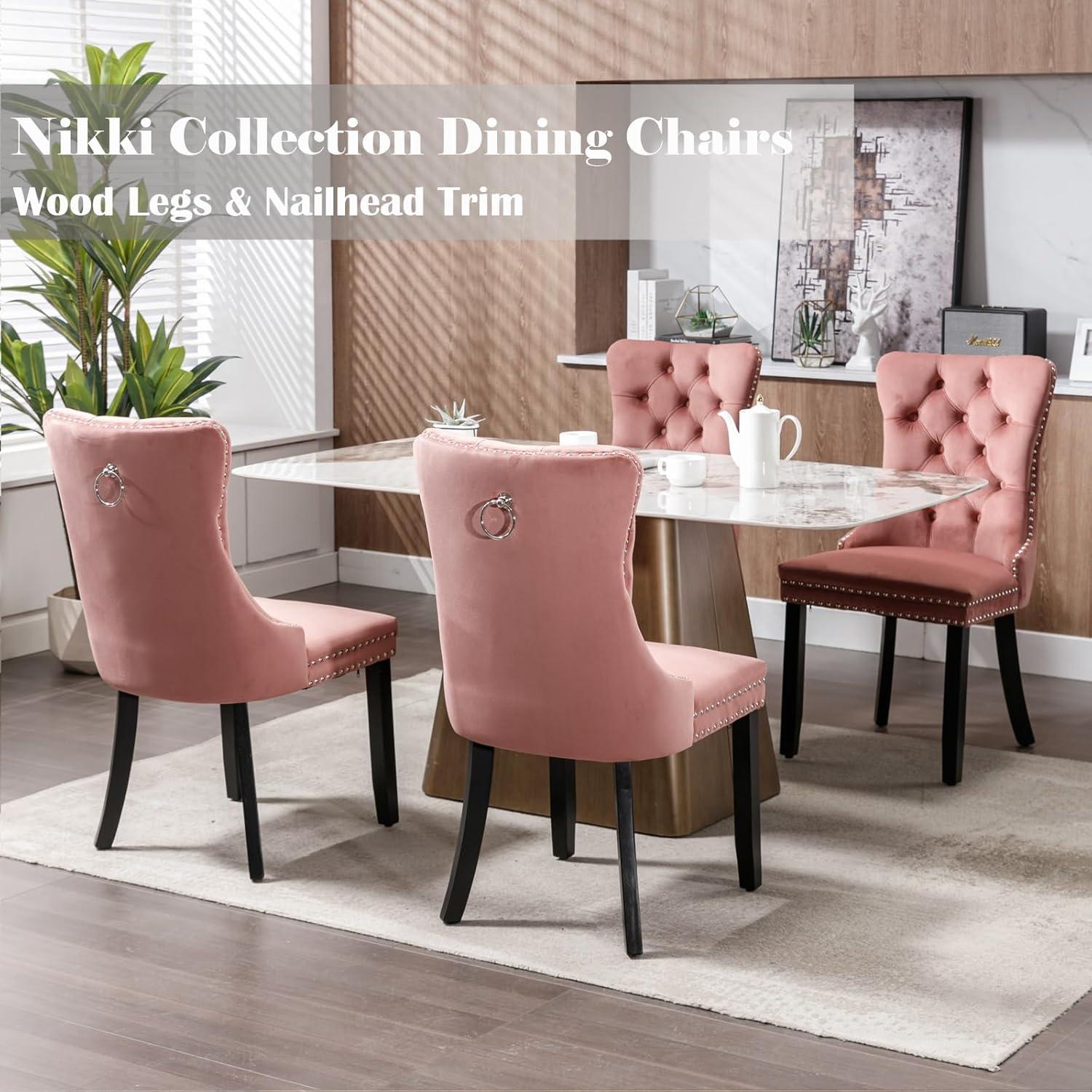 Pink Velvet Dining Chairs Set of 2, Upholstered Dining Room Chairs with Back Ring Pull Trim and Solid Wood Legs, Tufted Wingback Kitchen Chairs for Dining Room,Living Room,Kitchen(Pink)