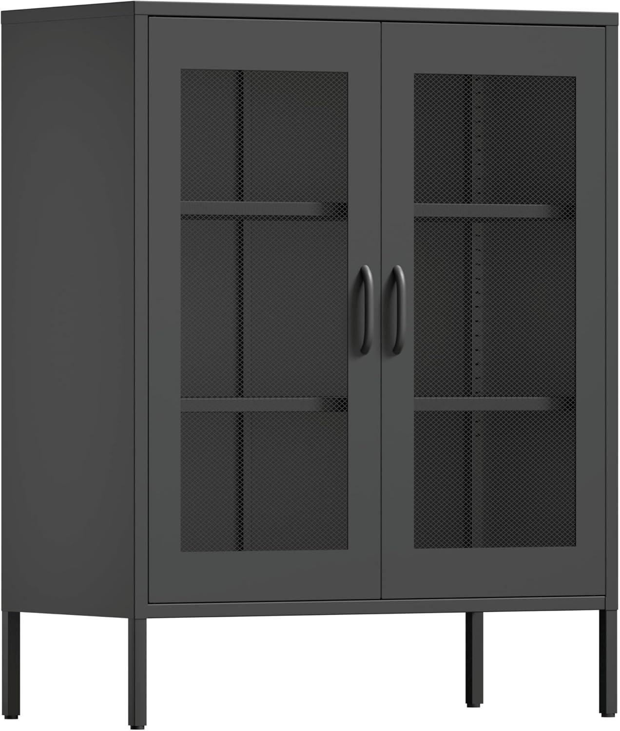 SONGMICS Metal Storage Cabinet with Mesh Doors, Steel Display Cabinets with Adjustable Shelves for Bathroom Home Office, Black