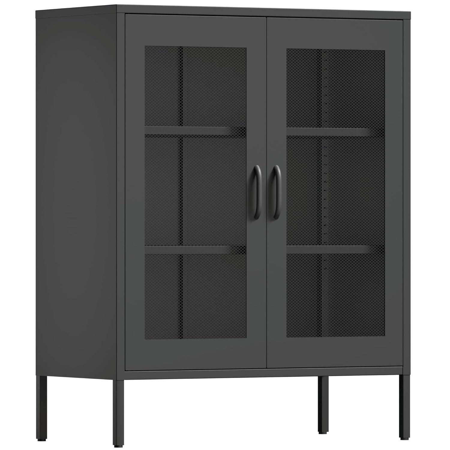 SONGMICS Metal Storage Cabinet with Mesh Doors, Steel Display Cabinets with Adjustable Shelves for Bathroom Home Office, Black
