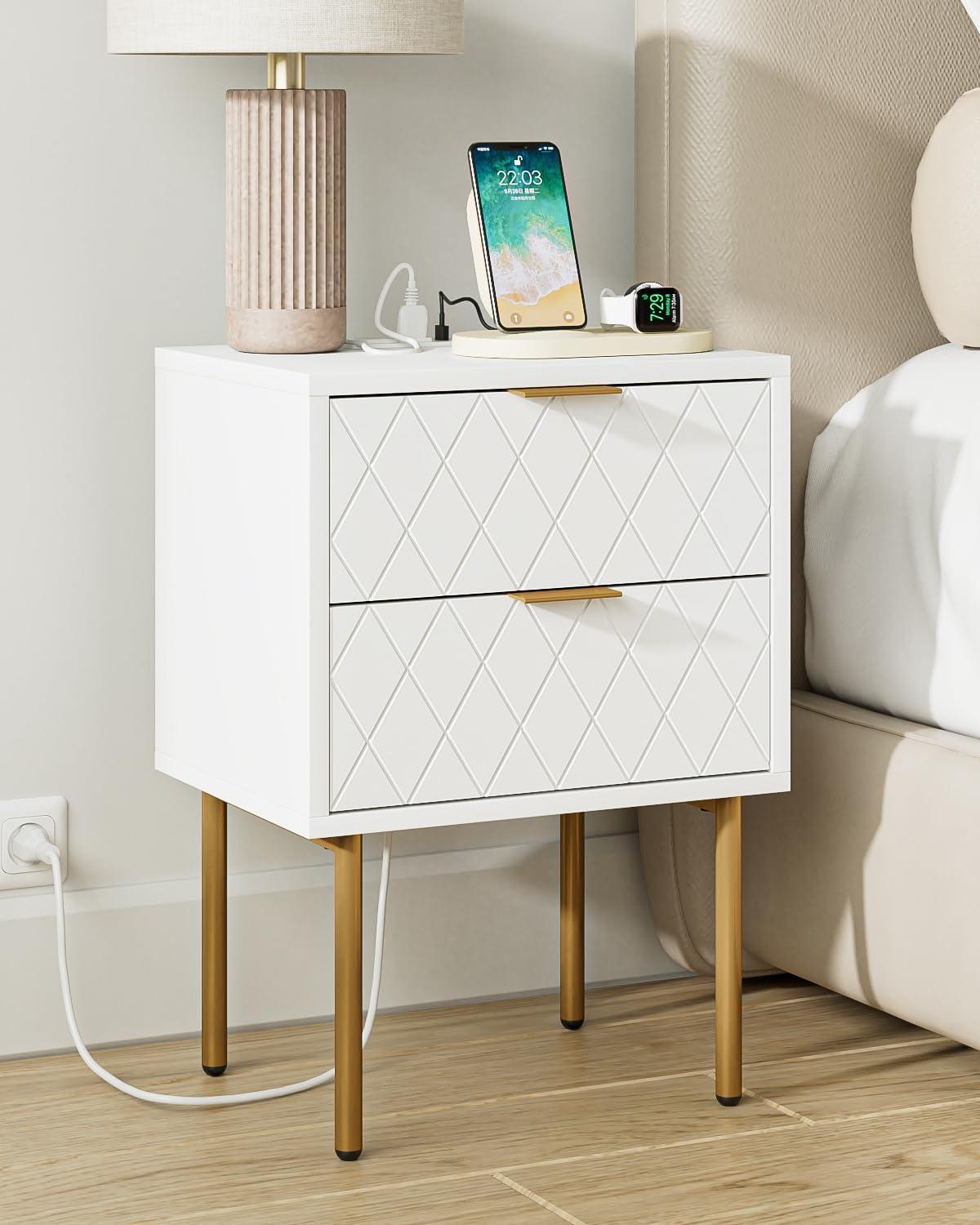 White and Gold Modern Nightstand with Drawer and Shelf